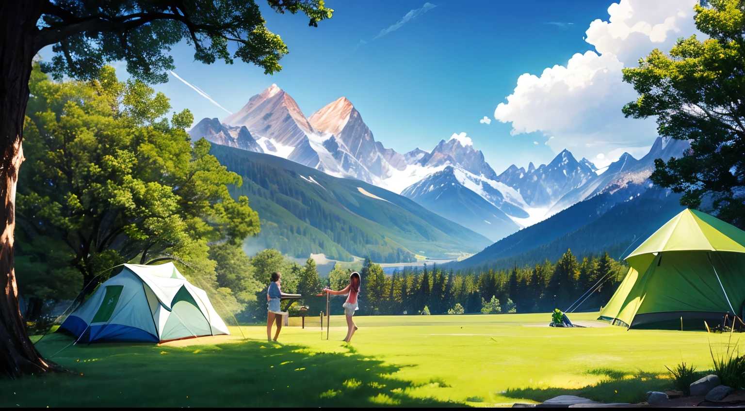 Outdoor Scene，lawns，camping，rays of sunshine，Distant mountains，Happy people show their cooking skills together，Partial artistic conception、Conceptual style