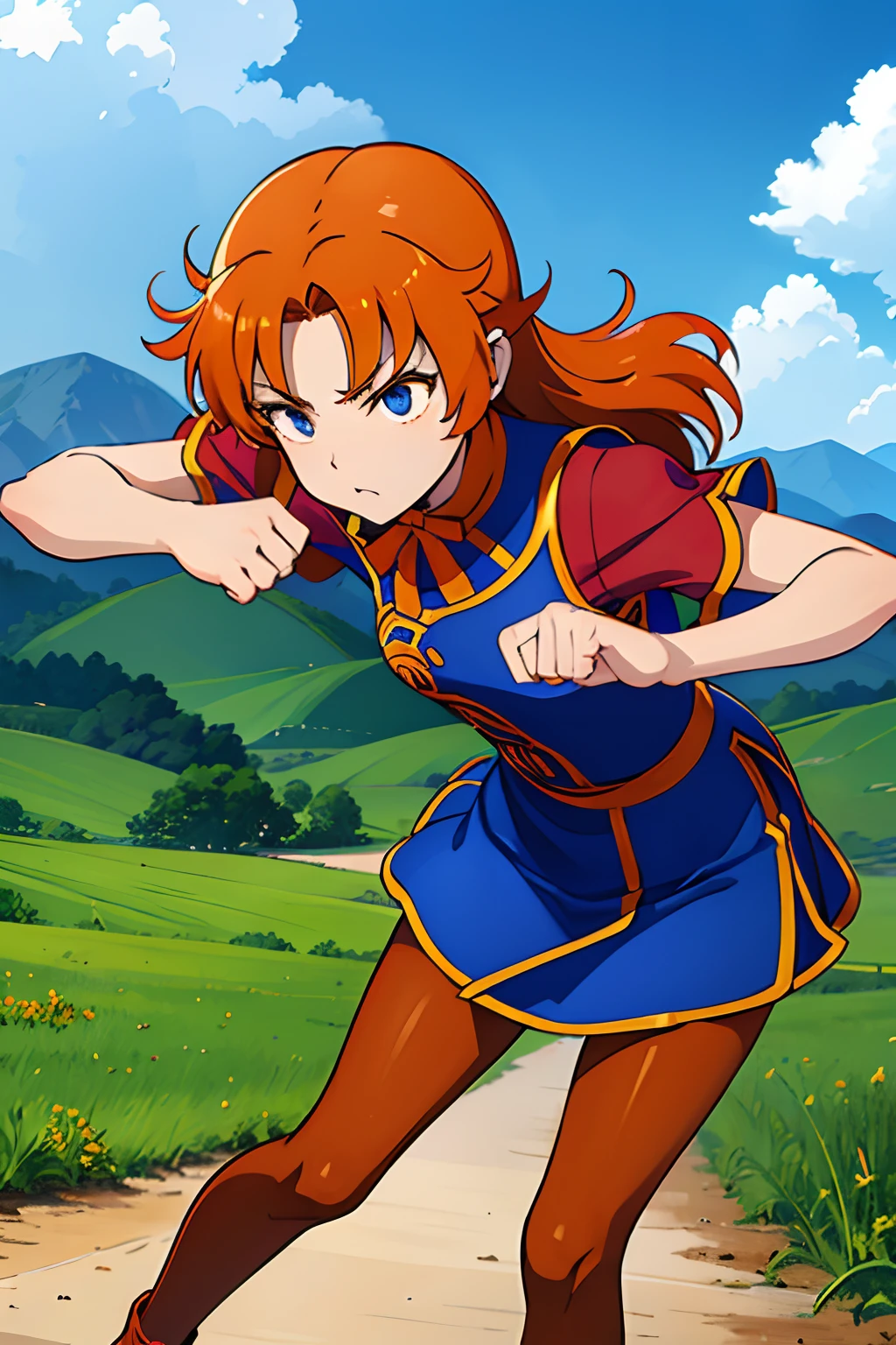 1girl in、hight resolution、​masterpiece、Maribel、A slender、skinny thigh、Short stature、Orange hair、Blue cheongsam、pantyhose、Attack with your fists、Fighting、plein air