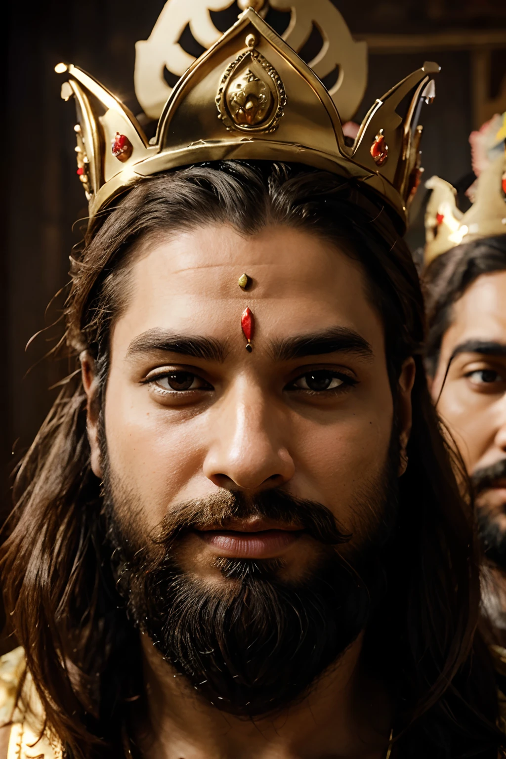 lord brahma has three faces, a beard and different golden crowns on all the three face realistic and 4k imag