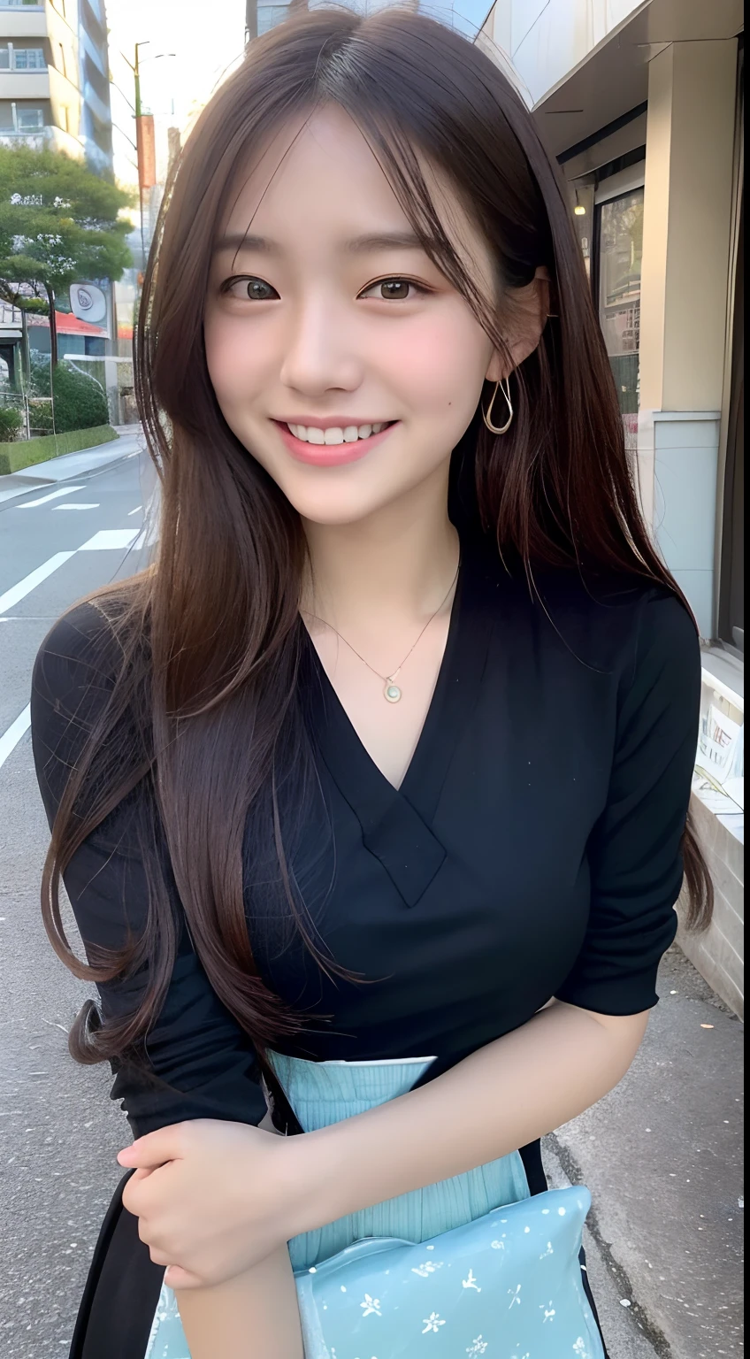 ((top-quality、8k、masterpiece:1.3))、1girl in、a smile、full bodyesbian、Slim Faces、Pretty women、(dark brown hair)、Full-length dresses:1.1、hyperdetailed face、A detailed eye、二重まぶた、blured background、Slim Faces、城市、takeout、a street、hi-school girl、Nasty sexual smile