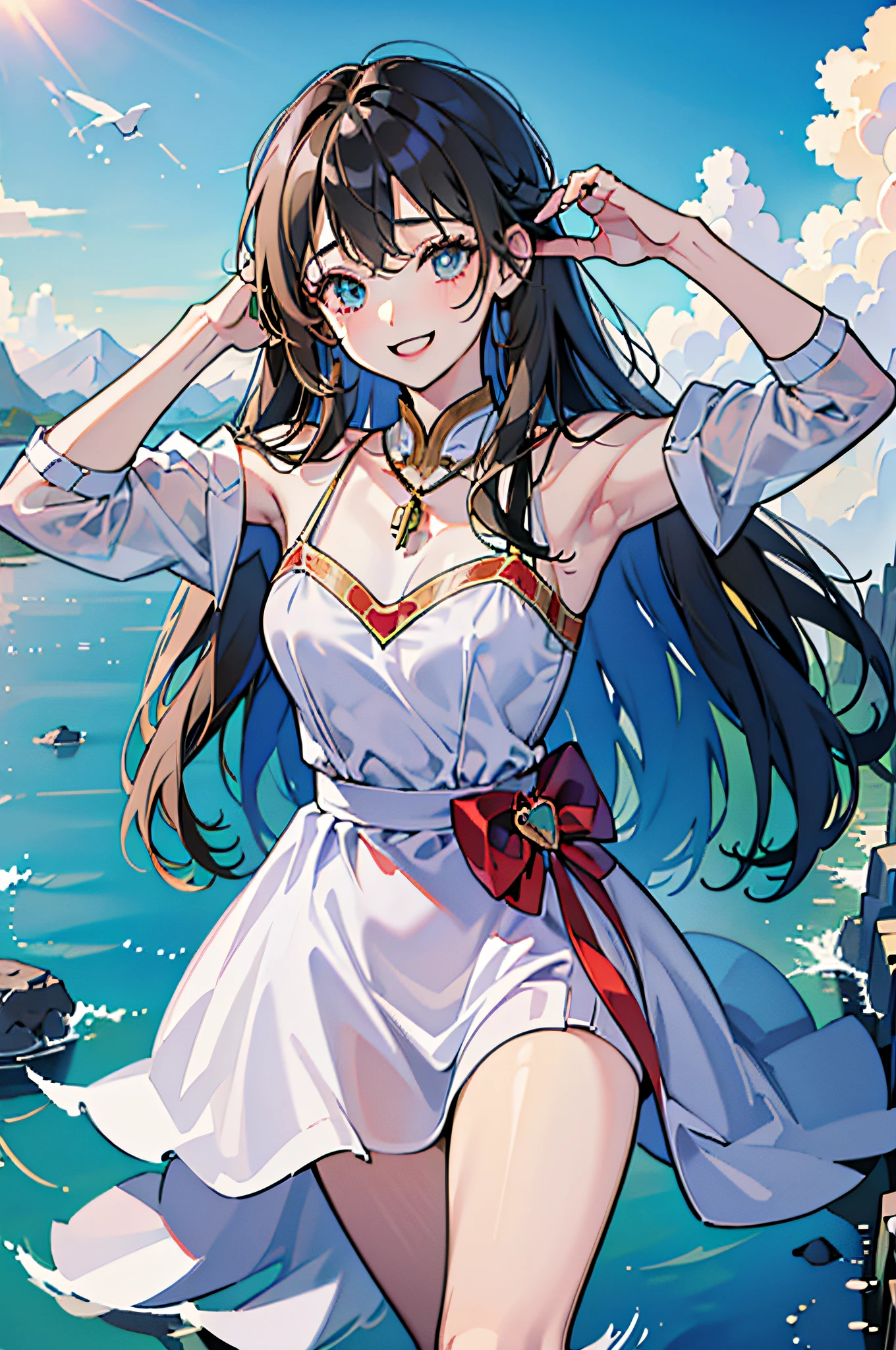 (in 8K、top-quality、masterpiece:1.2)、1人の女性、(Smiling smile:1.1)、beautidful eyes、Valley、The upper part of the body、shorth hair、Like a boy、Colossal tits、Blue View、
