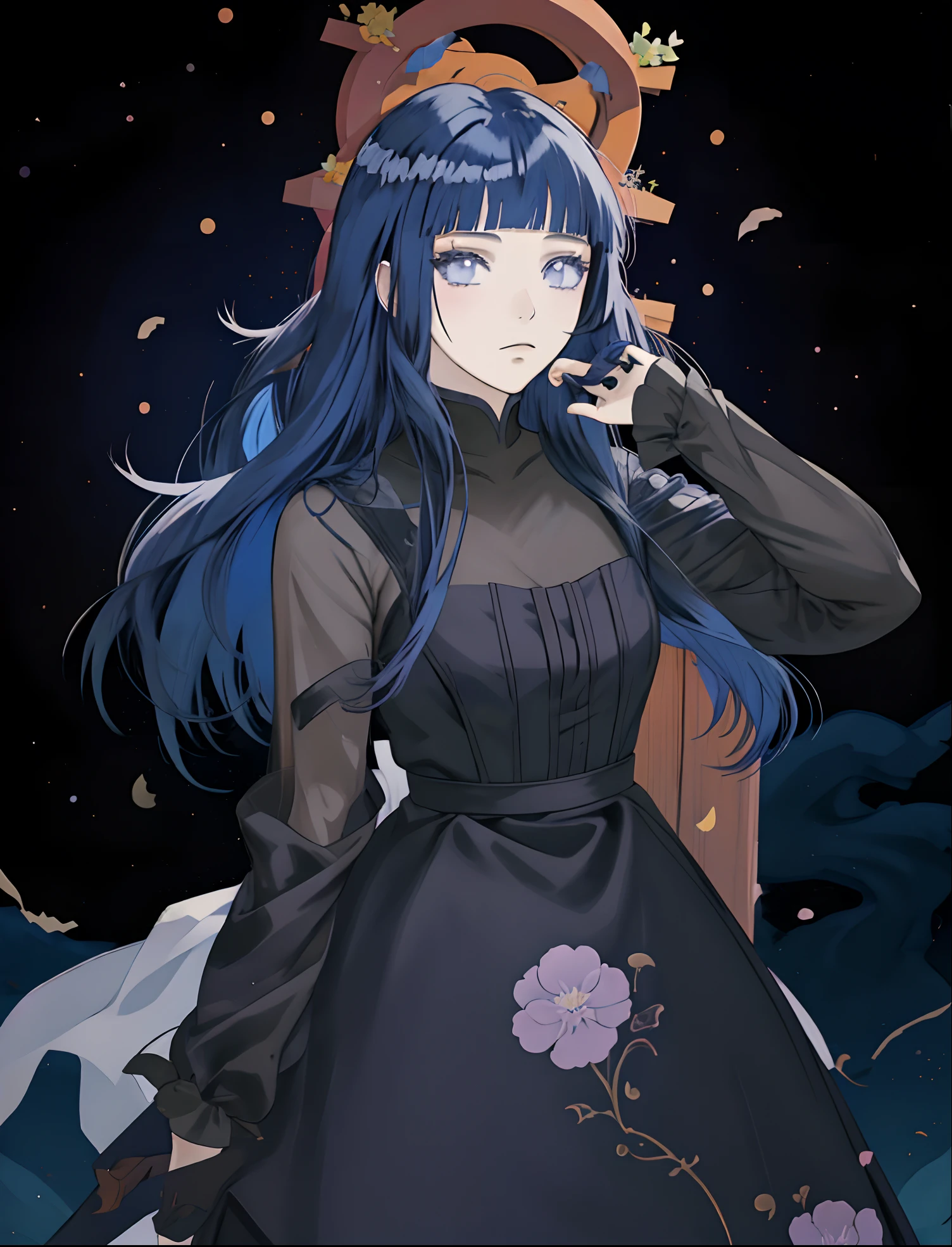 anime girl with long blue hair and black dress standing in front of a flowered wall, holo, hinata hyuga, shoujo manga character design, anime girl with long hair, halloween, dark blue hair, blunt bangs, halloween theme