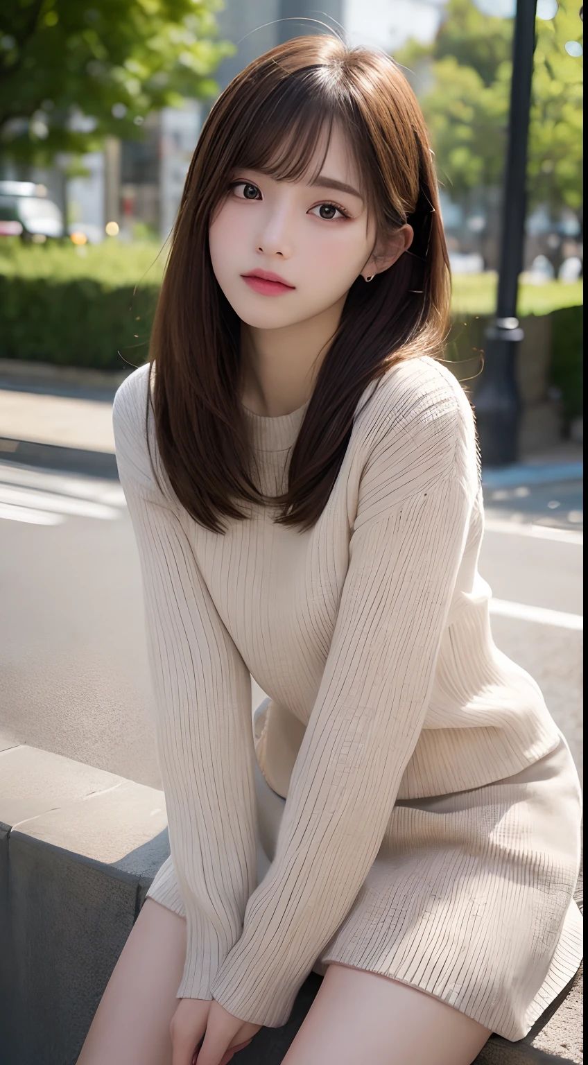 finely detail, hight resolution, hightquality、Perfect dynamic composition, Beautiful detailed eyes, Medium Hair, small tits、Natural Color Lip,Kamimei、Shibuya、20 years girl、1 persons、Transparent skin、Glowing hair、masutepiece, Best Quality, Illustration, Ultra-detailed, finely detail, hight resolution, 8K、The correct state of the human body、Crouch down、pretty pose,dishevled hair,beauty legs,Perfect beautiful face,KPOP Idol Face,Face that feels ecstasy,Pale light brown knit dress(a miniskirt),Background blur,Do Guts Pose