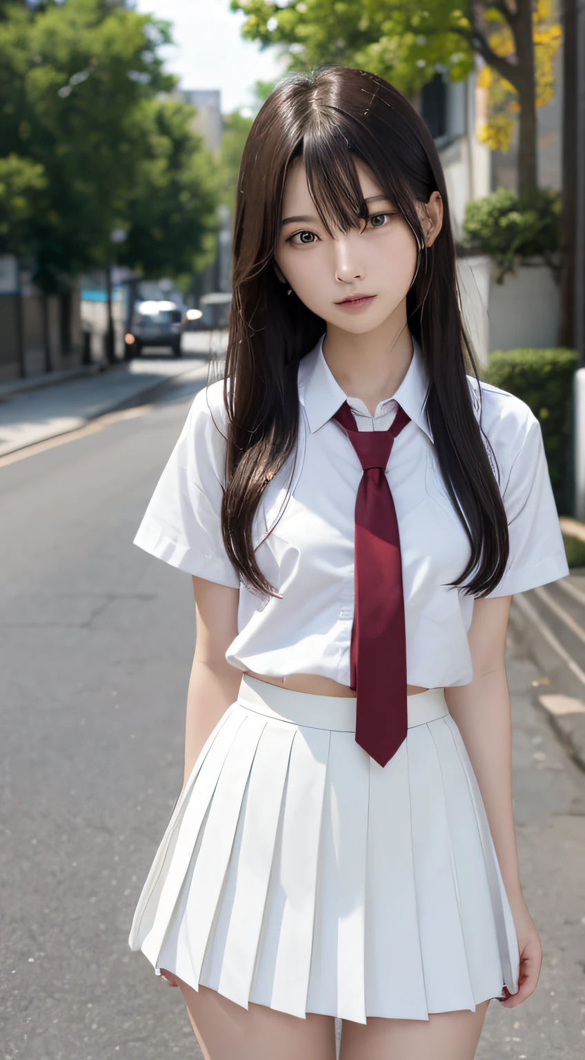 (masutepiece, Best Quality:1.2), 8K, 18year old, 85 mm, Official art, Raw photo, absurderes, White dress shirts, Pretty Face, close up, Upper body, violaceaess, gardeniass, Beautiful Girl, School uniform, Cardigan、 (Navy pleated skirt:1.1), Cinch West, thighs thighs thighs thighs, Short sleeve, Hair over one eye、In the street, Looking at Viewer, No makeup, (Smile:0.6), Film grain, chromatic abberation, Sharp Focus, face lights, clear lighting, Teen, Detailed face, Bokeh background, (dark red necktie:1.1)、medium breasts⁩