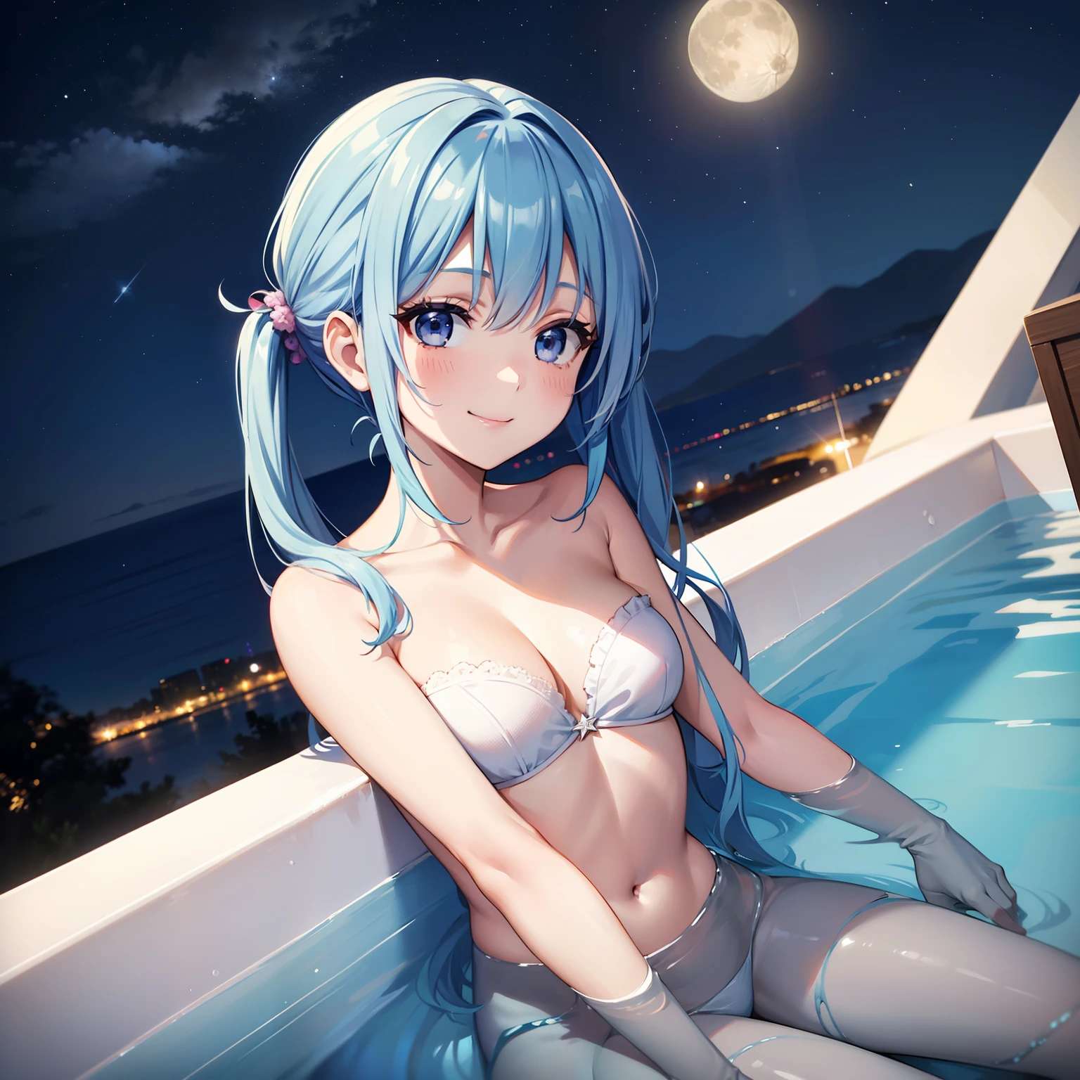 Super Idol　a beauty girl　A charming smile　sky blue hair　length hair　Twin-tailed　Naked open-air bath in the night sky　a moon　starrysky