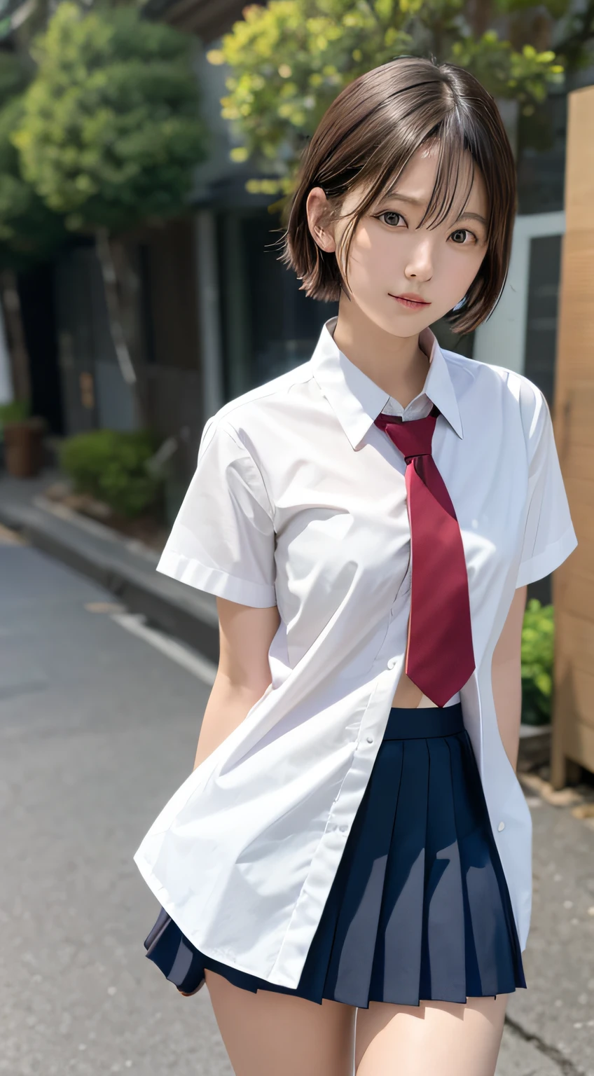 (masutepiece, Best Quality:1.2), 8K, 18year old, 85 mm, Official art, Raw photo, absurderes, White dress shirts, Pretty Face, close up, Upper body, violaceaess, gardeniass, Beautiful Girl, School uniform, Cardigan、 (Navy pleated skirt:1.1), Cinch West, thighs thighs thighs thighs, Short sleeve, Hair over one eye、In the street, Looking at Viewer, No makeup, (Smile:0.6), Film grain, chromatic abberation, Sharp Focus, face lights, clear lighting, Teen, Detailed face, Bokeh background, (dark red necktie:1.1)、medium breasts⁩