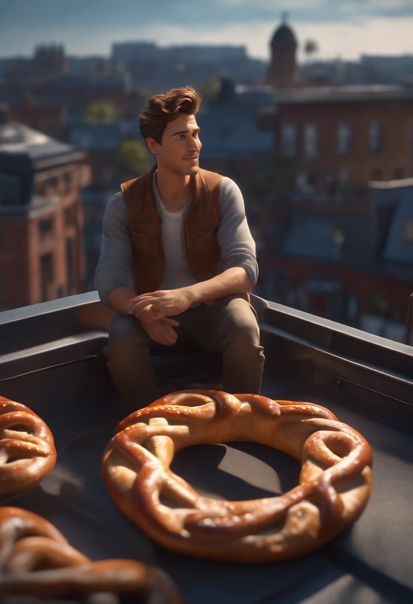 Pretzel guy sitting on a rooftop, octane rendering, cinematic composition, 35mm Fuji film, hyperrealistic, photo realistic, hdr lighting, volumetric light, cinematic, Pixar 3d, Disney, detailed matte painting 8k resolution concept art, --ar 16:9