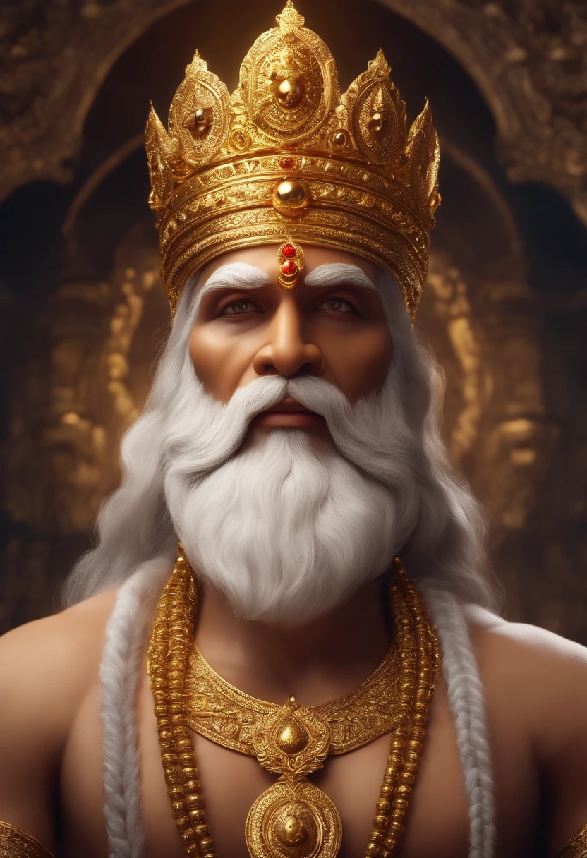 lord brahma has three faces , a weight beard and different golden crowns on all the three face realistic and 4k