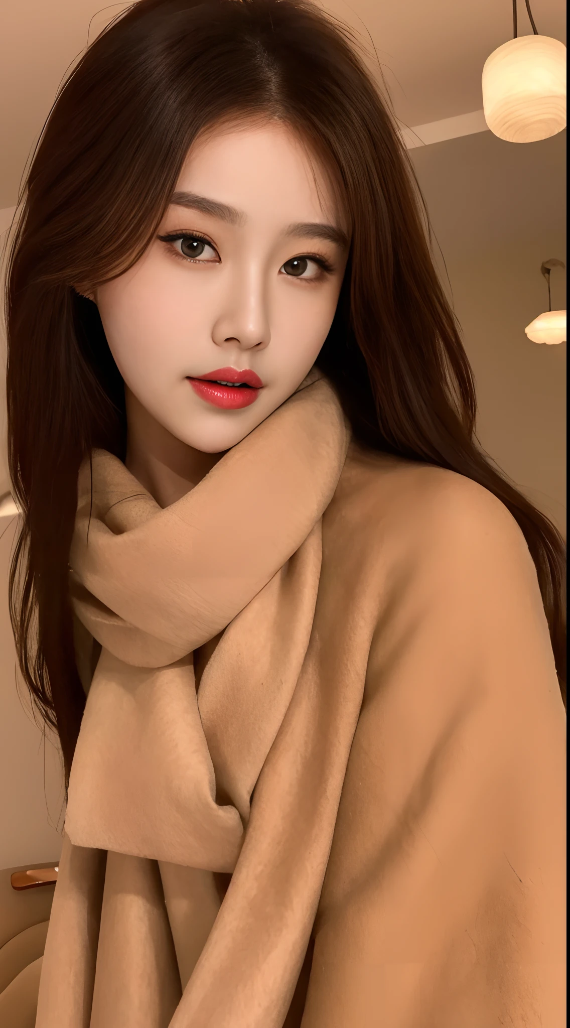 25 age old [[[[closeup cleavage]]]], [[[[boobgasm]]]], [[[[coll]]]], [[[[bshoulders]]]], perfect  eyes, Perfect iris，Perfect lips，perfect teeth，Perfect skin，Soft front light，Long face，slender nose，Delicate face，Woman wearing a light brown scarf, Korean girl, beautiful Korean women, Korean woman, Beautiful young Korean woman, Guviz-style artwork, ulzzangs, korean women's fashion model, Gorgeous young Korean woman, Soft portrait shot 8 K, black greatcoat，autumnal，Yellow and red leaves，4K Ultra HD, 超高分辨率，(Photorealistic: 1.4), Best quality，tmasterpiece，（pastel colour：1.2)