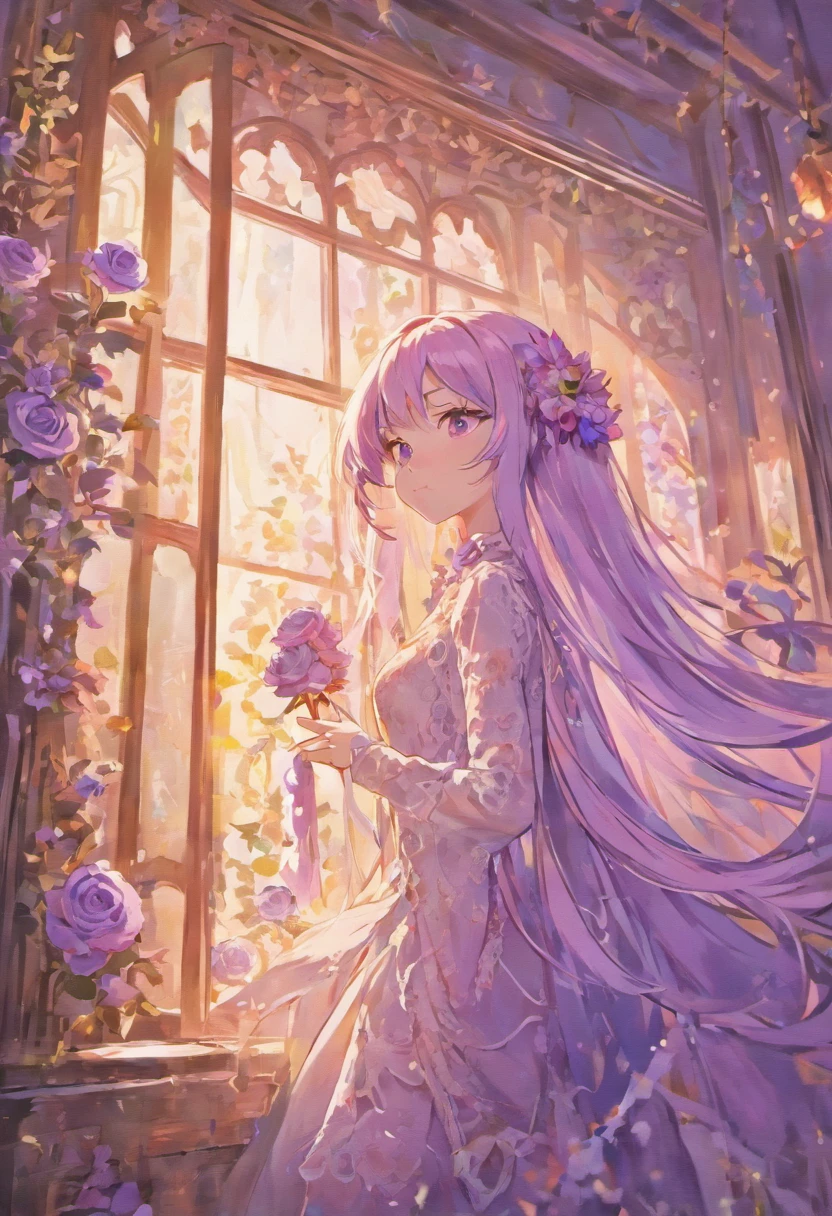 comfortable smile, man, be looking straight ahead, solo, long white and purple hair, purple eyes, white shirt, upper body, holding mauve roses, fantasy beautifully lit window, man, male, boy, masterpiece, oil painting, magical atmosphere, detailed facial features, flowing hair, serene expression, radiant smile, realistic lighting, vibrant colors, ethereal background, soft shadows, intricate flower details, delicate petals, intricate lace curtains, sunlight streaming through the window, dreamlike ambiance, surrealistic touch