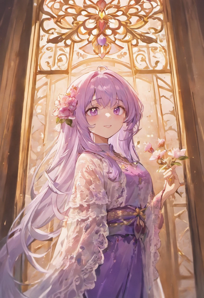 comfortable smile, man, be looking straight ahead, solo, long white and purple hair, purple eyes, white shirt, upper body, holding mauve roses, fantasy beautifully lit window, man, male, boy, masterpiece, oil painting, magical atmosphere, detailed facial features, flowing hair, serene expression, radiant smile, realistic lighting, vibrant colors, ethereal background, soft shadows, intricate flower details, delicate petals, intricate lace curtains, sunlight streaming through the window, dreamlike ambiance, surrealistic touch