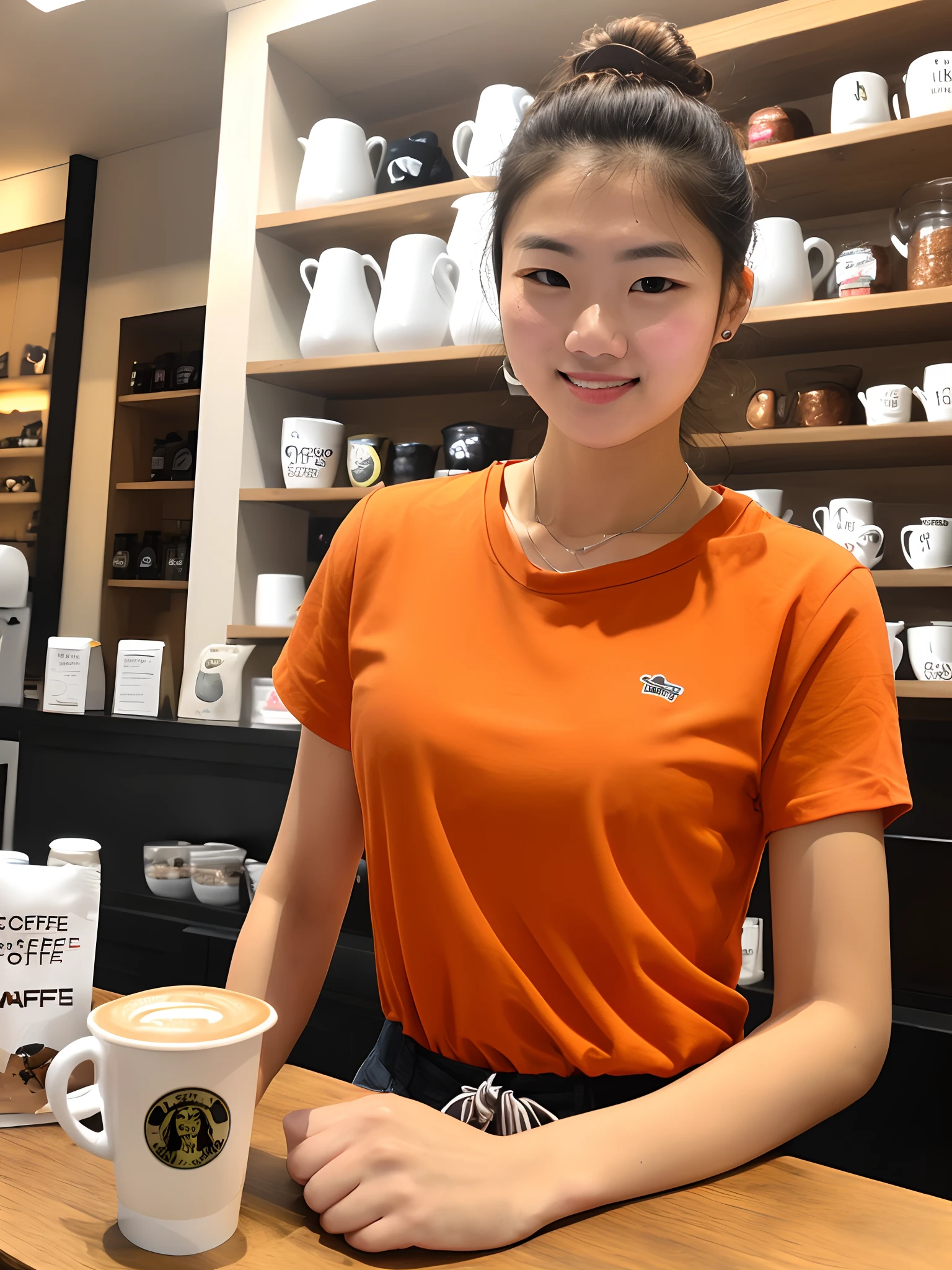 Woman with orange shirt in cooffee shop