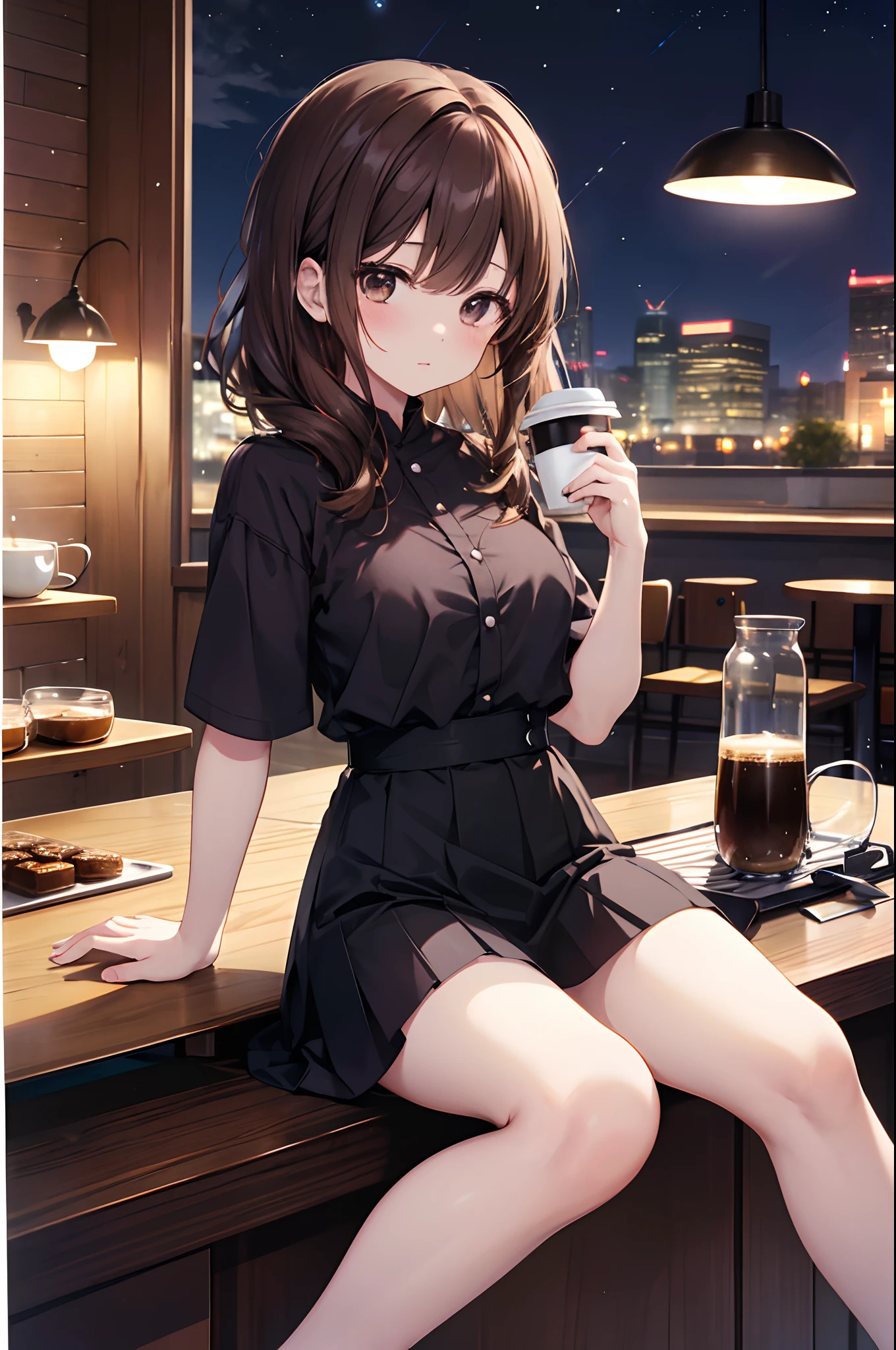 Hi-Res、​masterpiece、Chizuru Ichinose、Brown hair、Soio、Female one、Background with((Night Coffee Shop、Counter seats、Coffee maker))、The table(menu、Coffee Cups Coffee Cups、Sugar Bottle、Milk),masutepiece、、Colorful underwear pattern、细致Background with、A detailed eye、（（Brown-eyed））,Beautiful and perfect legs,