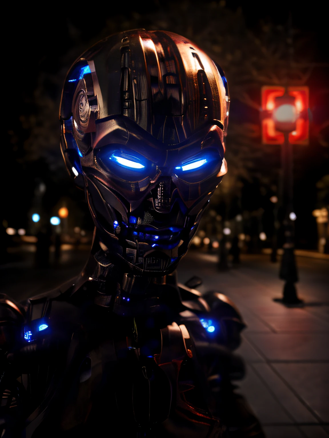 ultra realistic, very high quality, night time, dark lighting, (T-X endoskeleton:1.2), T-X, endoskeleton, chrome endo, (los angeles city street1.2, photorealistic environment:1.0), shadows, deep focus, sharp details, cinematic, ultra HD, 8K