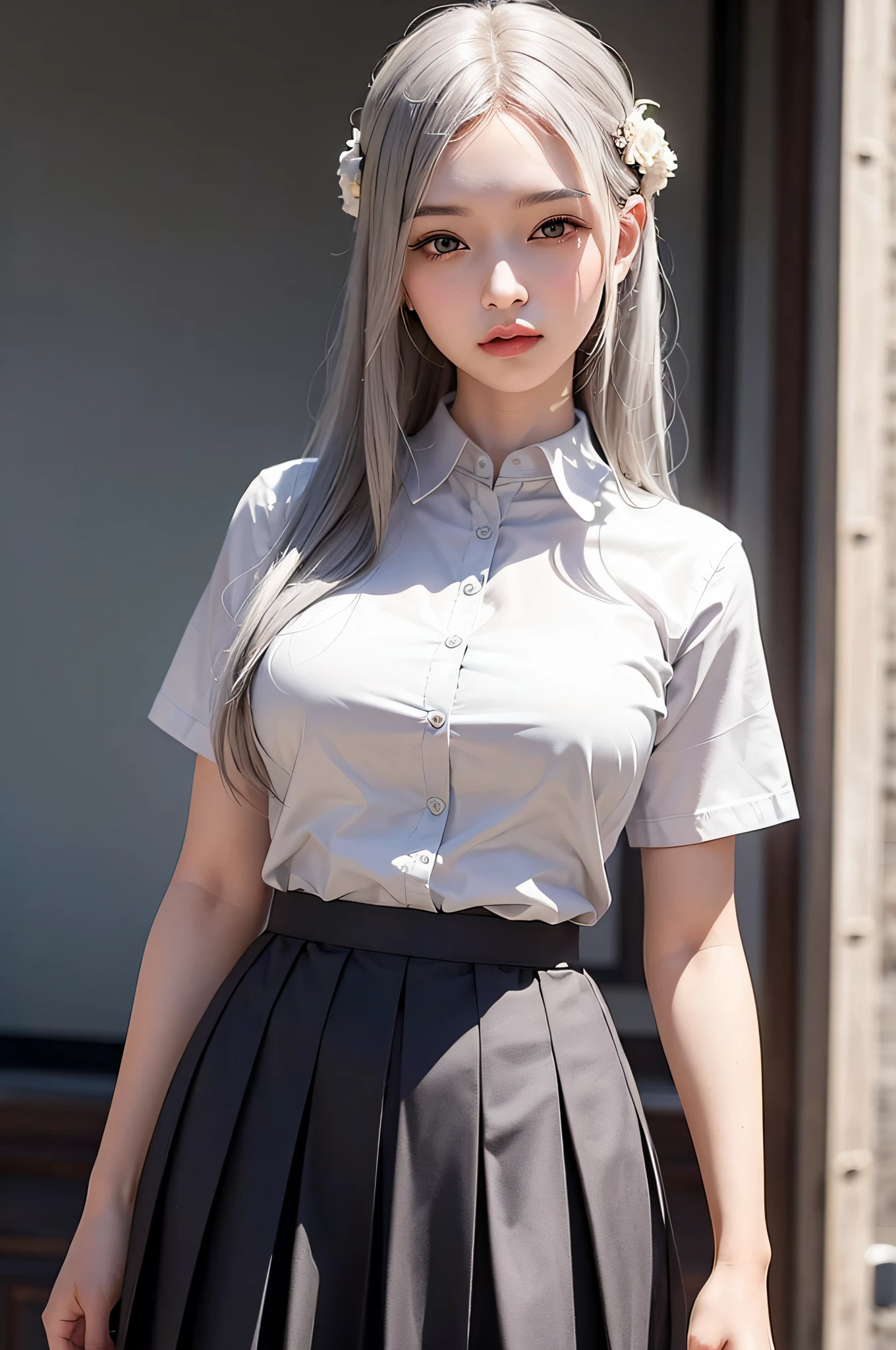 (RAW photo, highest quality), (realistic), photograph, highest quality, masterpiece, very delicate and beautiful, very detailed, CG, unity, 2k wallpaper, detail, masterpiece, highest quality, huge file size, super detail, high resolution, very detailed, 1 girl, slim body, (short sleeve shirt: 1.1), (uniform: 1.1), (pleated skirt: 1.1), porcelain skin, (gray hair), (hair ornament), beholder, face closeup, straight hair, highly detailed face, highly detailed eyes, seductive smile,
