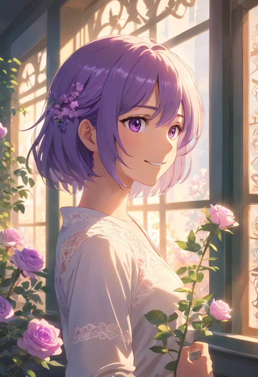 comfortable smile, man, be looking straight ahead, solo, long white and purple hair, purple eyes, white shirt, upper body, holding mauve roses, fantasy beautifully lit window, man, male, boy, masterpiece, oil painting, magical atmosphere, detailed facial features, flowing hair, serene expression, radiant smile, realistic lighting, vibrant colors, ethereal background, soft shadows, intricate flower details, delicate petals, intricate lace curtains, sunlight streaming through the window, dreamlike ambiance, surrealistic touch