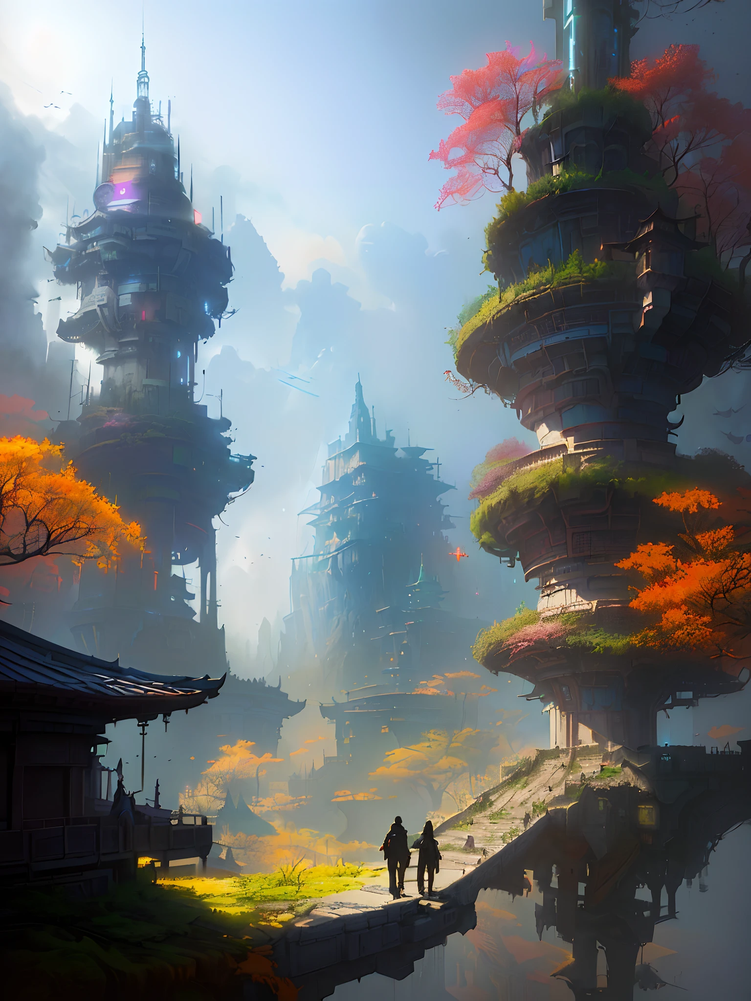 there are two people walking on a bridge in a fantasy world, paul lehr and beeple, inspired by Paul Lehr, cyberpunk chinese ancient castle, andreas rocha style, mystical sci-fi concept art, bastien grivet, cyberpunk in foliage, concept art wallpaper 4k, in fantasy sci - fi city, concept art | feng zhu