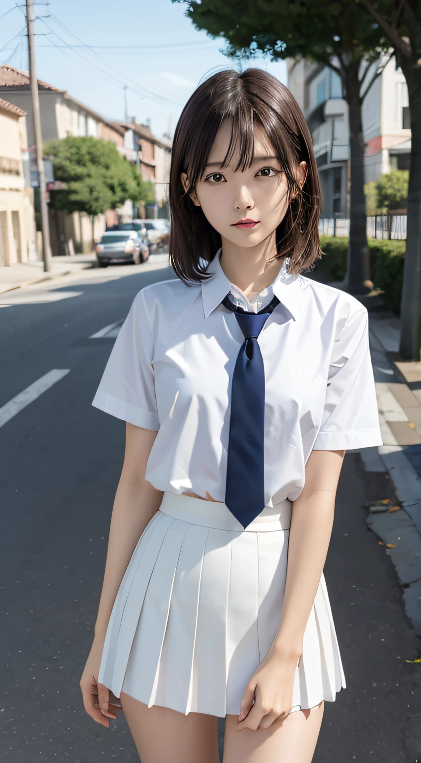 (masutepiece, Best Quality:1.2), 8K, 18year old, 85 mm, Official art, Raw photo, absurderes, White dress shirts, Pretty Face, close up, Upper body, violaceaess, gardeniass, Beautiful Girl, School uniform, Cardigan、 (Navy pleated skirt:1.1), Cinch West, thighs thighs thighs thighs, Short sleeve, Hair over one eye、In the street, Looking at Viewer, No makeup, (Smile:0.6), Film grain, chromatic abberation, Sharp Focus, face lights, clear lighting, Teen, Detailed face, Bokeh background, (dark red necktie:1.1)、medium breasts⁩