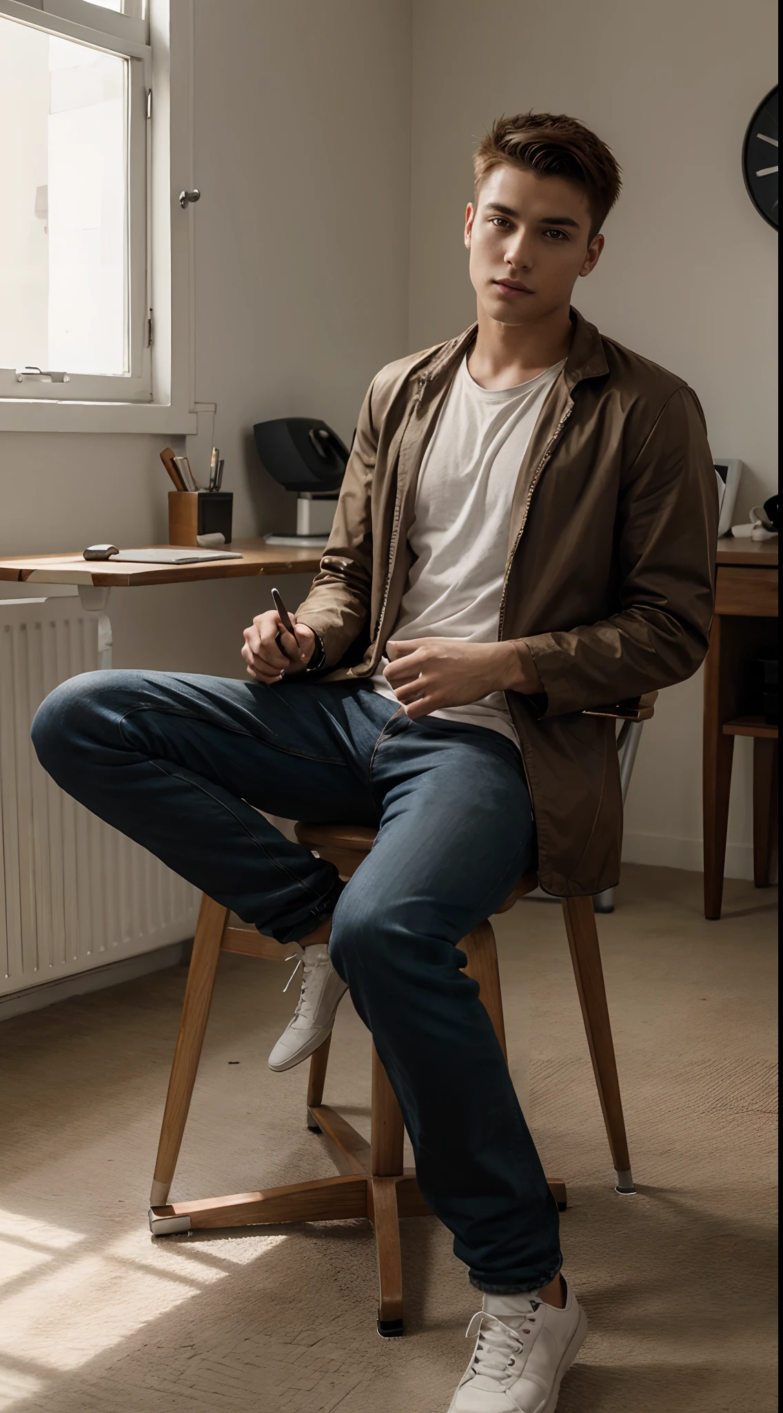 A young handsome guy with short spiky hair Show full body wearing clothes sit in chair alone
