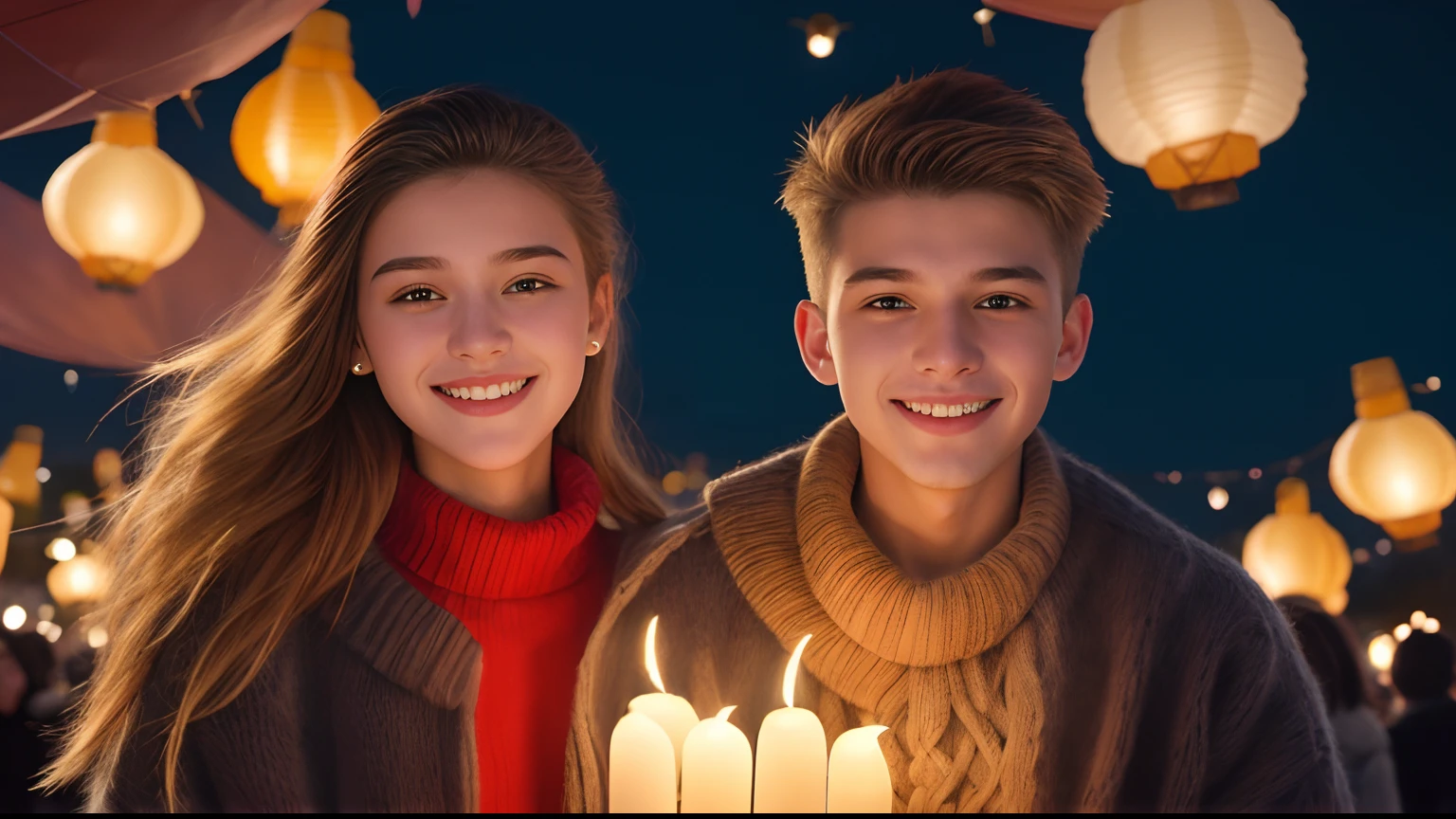 Photo of a 16-year-old Croatian boy and girl, a man and a woman with different hairstyles, flying lanterns at a lantern ceremony. Happy smile, lovely full body, blurred_bright_background, highly detailed, 8K, digital painting, popular on Pinterest, Harper's Bazaar concept, (cashmere sweater, knitted trendy winter fashion random) art , sharp focus, evening sunset background (8K , Raw Photo, highest quality, masterpiece: 1.2) ,B3RLI, trendy winter fashion ,handsome Italian boy, German man, b3rli