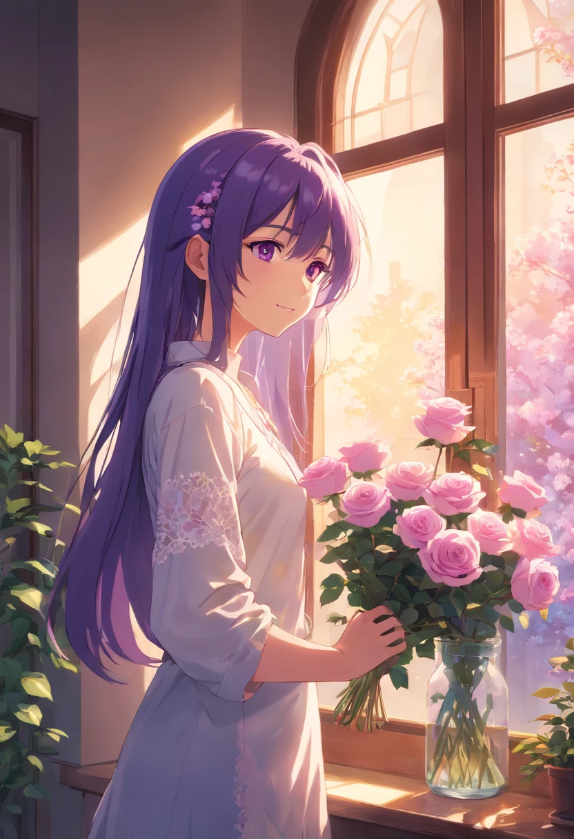 man, be looking straight ahead, solo, long white and purple hair, purple eyes, white shirt, upper body, holding mauve roses, fantasy beautifully lit window, man, male, boy, masterpiece, oil painting, magical atmosphere, detailed facial features, flowing hair, serene expression, radiant smile, realistic lighting, vibrant colors, ethereal background, soft shadows, intricate flower details, delicate petals, intricate lace curtains, sunlight streaming through the window, dreamlike ambiance, surrealistic touch