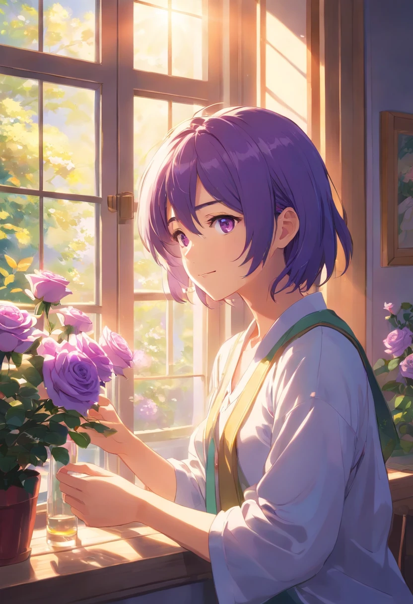 man, be looking straight ahead, solo, long white and purple hair, purple eyes, white shirt, upper body, holding mauve roses, fantasy beautifully lit window, man, male, boy, masterpiece, oil painting, magical atmosphere, detailed facial features, flowing hair, serene expression, radiant smile, realistic lighting, vibrant colors, ethereal background, soft shadows, intricate flower details, delicate petals, intricate lace curtains, sunlight streaming through the window, dreamlike ambiance, surrealistic touch