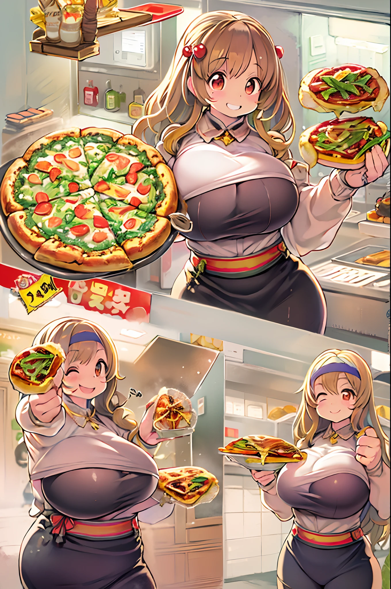 masutepiece, Best Quality, 女の子1人、huge-breasted、bbw、Holding (Giant pizza slices)1.5、Thumbs up、huge smile、Plastic bottles of cola、