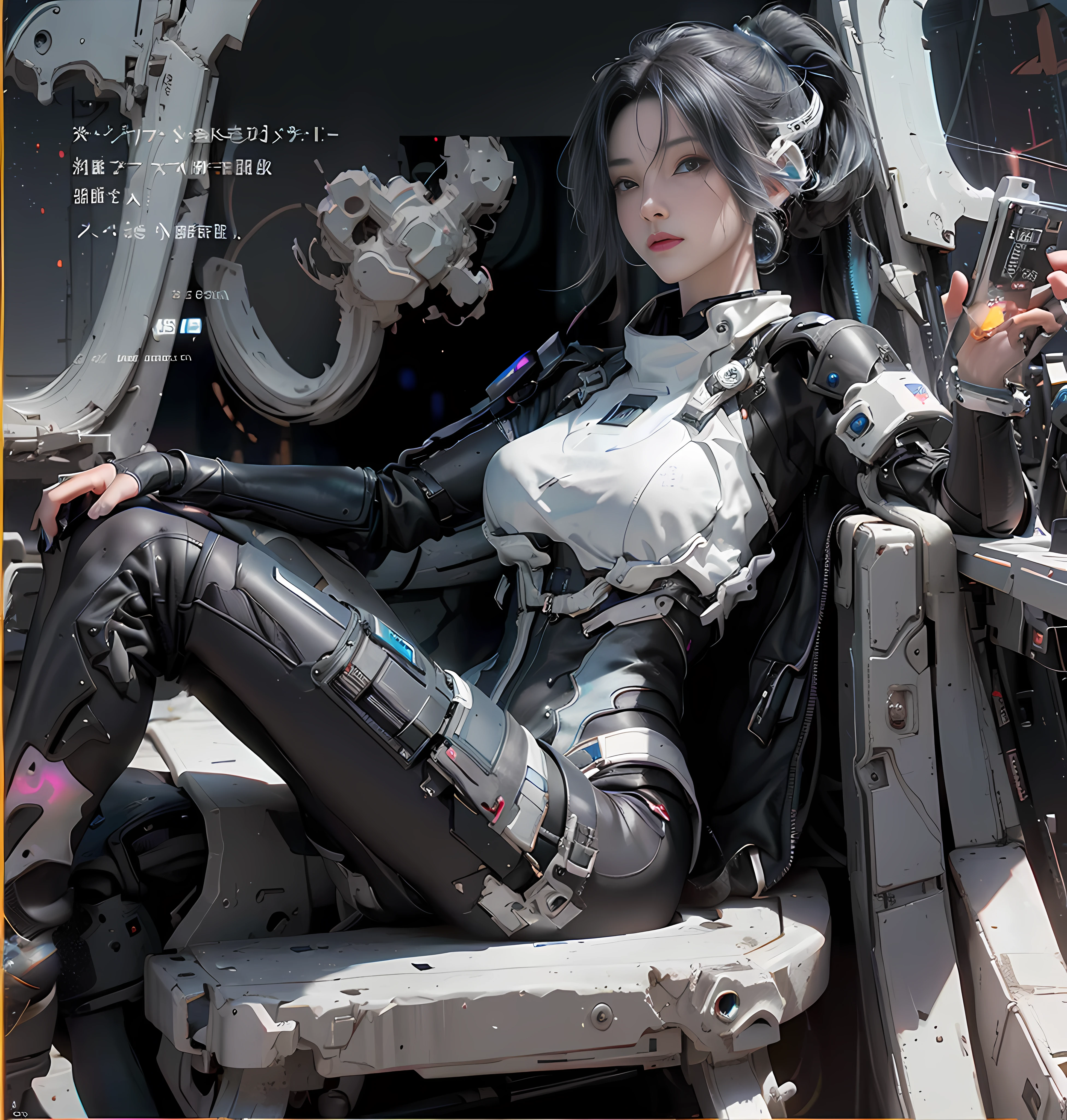 ((best qualtiy)), ((tmasterpiece)), (the detail:1.4), 。.。.。.。.。.。.。.。.3D, A beautiful cyberpunk female image,hdr(HighDynamicRange),Ray traching,NVIDIA RTX,Hyper-Resolution,Unreal 5,Subsurface scattering、PBR Texture、post-proces、Anisotropy Filtering、depth of fields、maximum definition and sharpness、Many-Layer Textures、Albedo e mapas Speculares、Surface coloring、Accurate simulation of light-material interactions、perfectly proportions、rendering by octane、Two-colored light、largeaperture、Low ISO、White balance、the rule of thirds、8K raw data、Cyberpunk sci-fi style,Black and white dominant color clothing,Blue luminous decoration