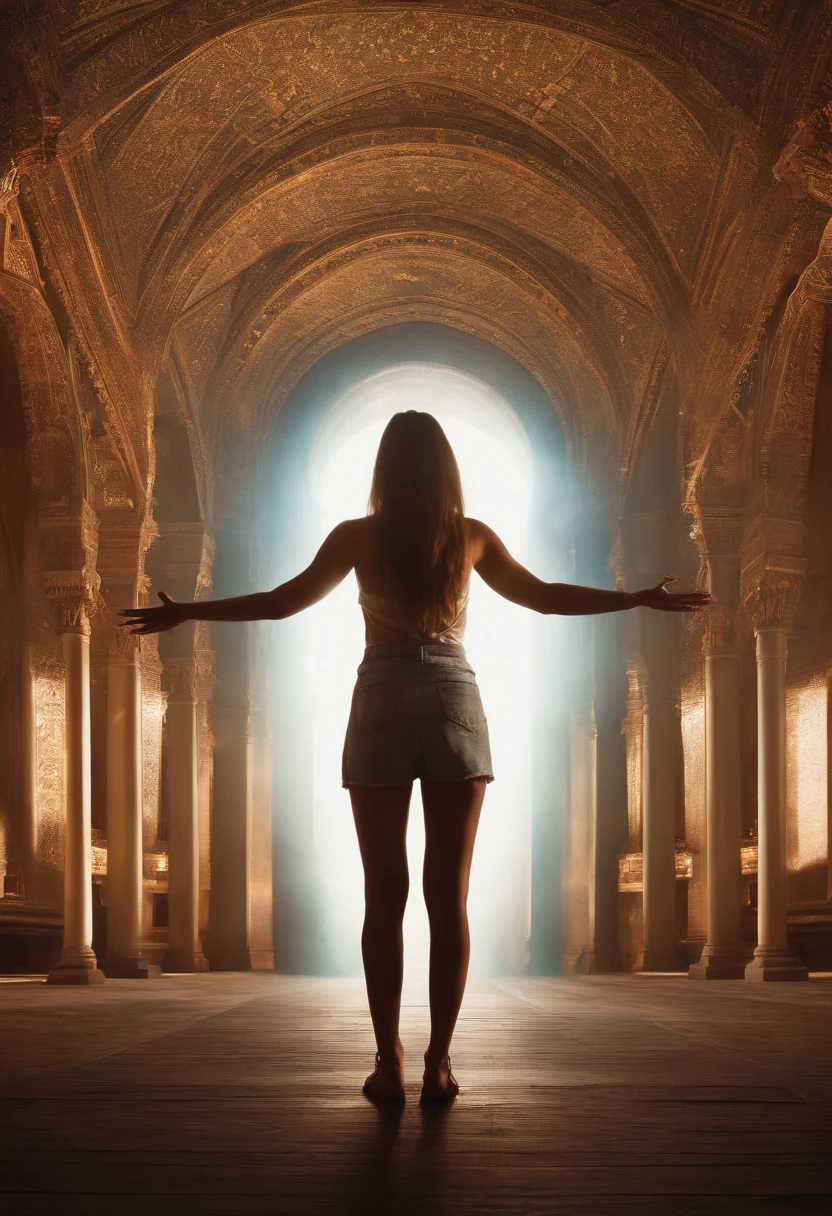 standing girl raising her hands upwards in 45 degree angle symmetrically each side and having 3 fingers in both hands