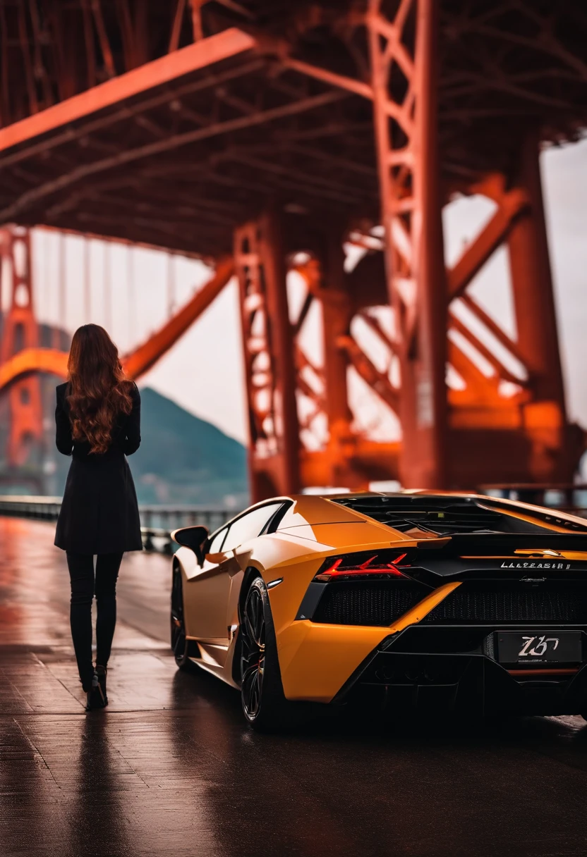 A Lamborghini and a beautiful girl driver are standing in the background of the Akashi Kaikyo Bridge