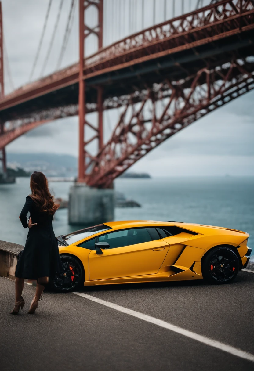 A Lamborghini and a beautiful girl driver are standing in the background of the Akashi Kaikyo Bridge