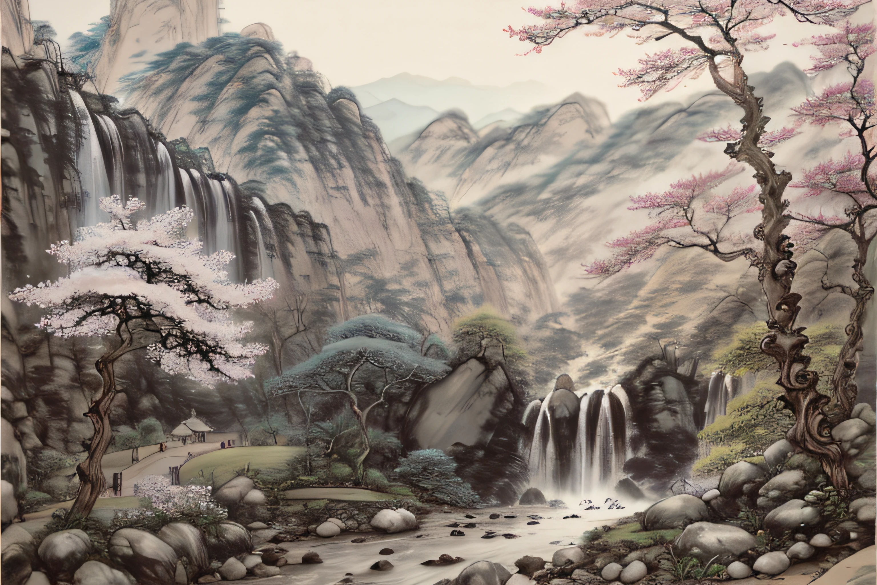 Draw waterfalls with trees and rocks in the valley, korean artist, john park, author：Yoon Du-seop, jin shan, jiyun chae, qi sheng luo, author：Cui Cheng, bo xun ling, Chinese landscape, landscape artwork, hong soonsang, Kim Hyun-joo, author：Dong Yuan, author：Shen Shichong