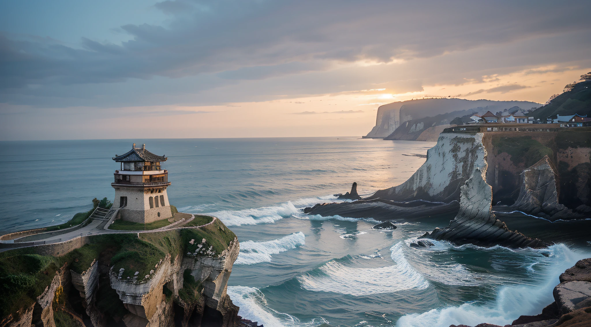 Coastal cliffs in South Korea, A hanok built on a cliff, In the sea below the cliffs, the waves crash against the cliffs, Nightscape, moonlit glow, meteor shower, haze, Dreamy feeling