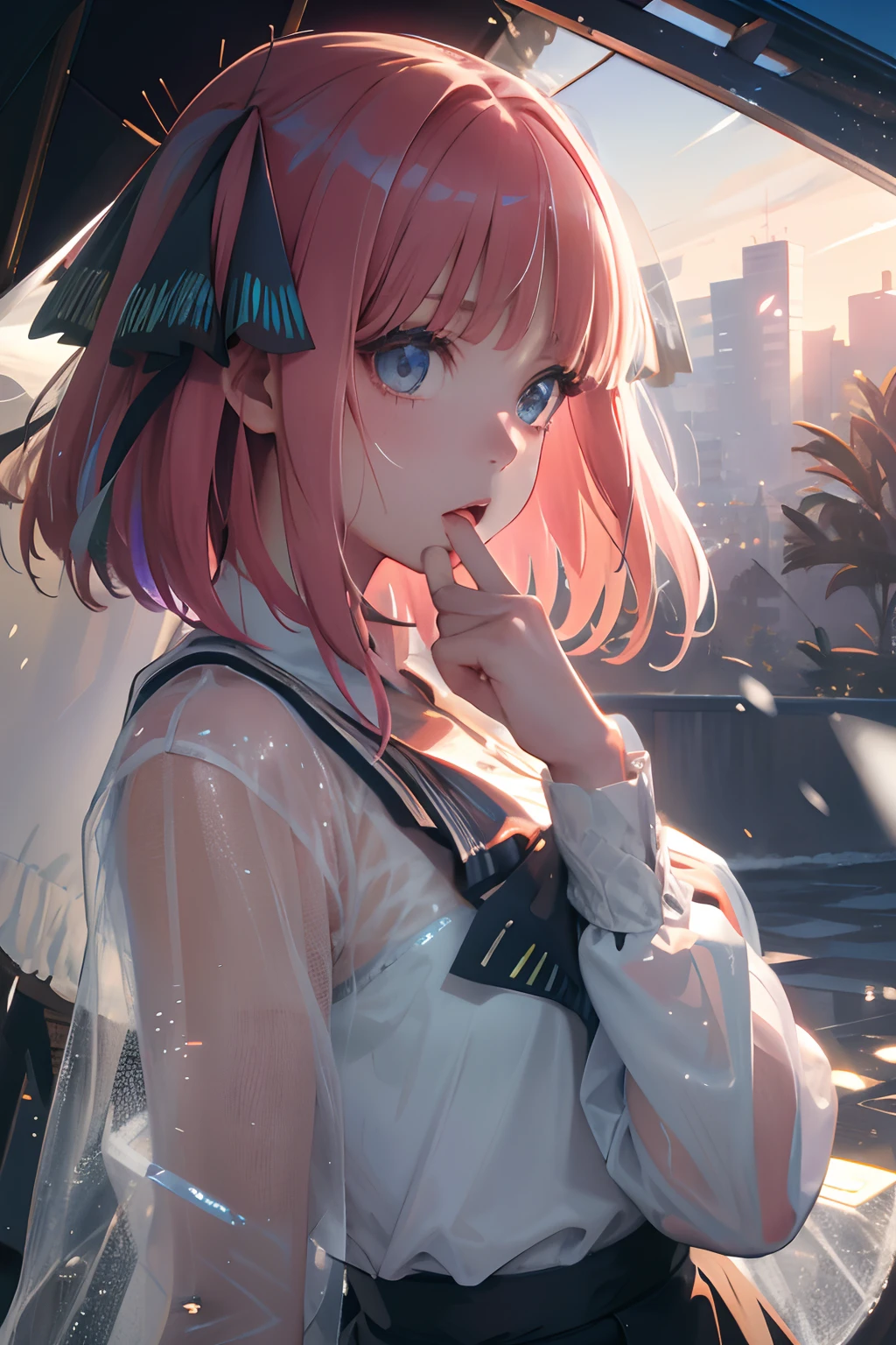 Official art, Unity 8k Wallpapers, ultra-detailliert, Beautifully Aesthetic, masterpiece, top-quality, realisitic, a closeup, Skindentation, interface, A detailed eye, A detailed face, detailed hairs, black backgrounds, straight-on, looking at the viewers, The sheen, Anime, looking at viewer with a cigarette in her mouth, highly detailed with reflections transparent iridescent opaque jacket, Long transparent iridescent RGB hair, 1girl in, Solo, fronds, Long hair, Blurry, Shirt, Parted lips, Outdoors, Floating hair, Long sleeves, White shirt, Bangs, Upper body, Open mouth, tusk, Brown eyes, Wind, Winters,Yuki,snowscape,Blurry background, day, depth of fields, bug,The Bride of Fifths,Jino Nakano,A pink-haired,short-hair,