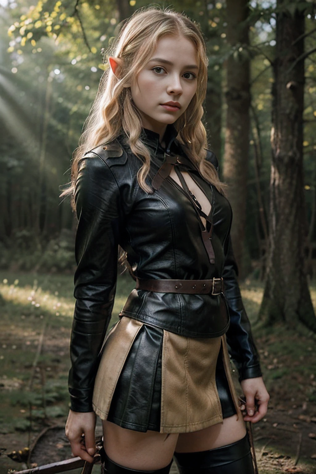 Russian girl 15 years old - elf archer in the forest (RPG),blonde curly disheveled hair, delicate features of a thin face, Fantasy,Tolkien,8K ,真实感, photo , Hi-Def, lifelike skin, , Without cosmetics, Knee-high photos, Long ass elven ears (Tolkien), Bow in hand, Incredibly fair skin, Leather order , Leather Leggings, Short fabric skirt,Wide leather strap with sheath,Bow and quiver,Sheathed sword on his belt, View of the Middle Ages,