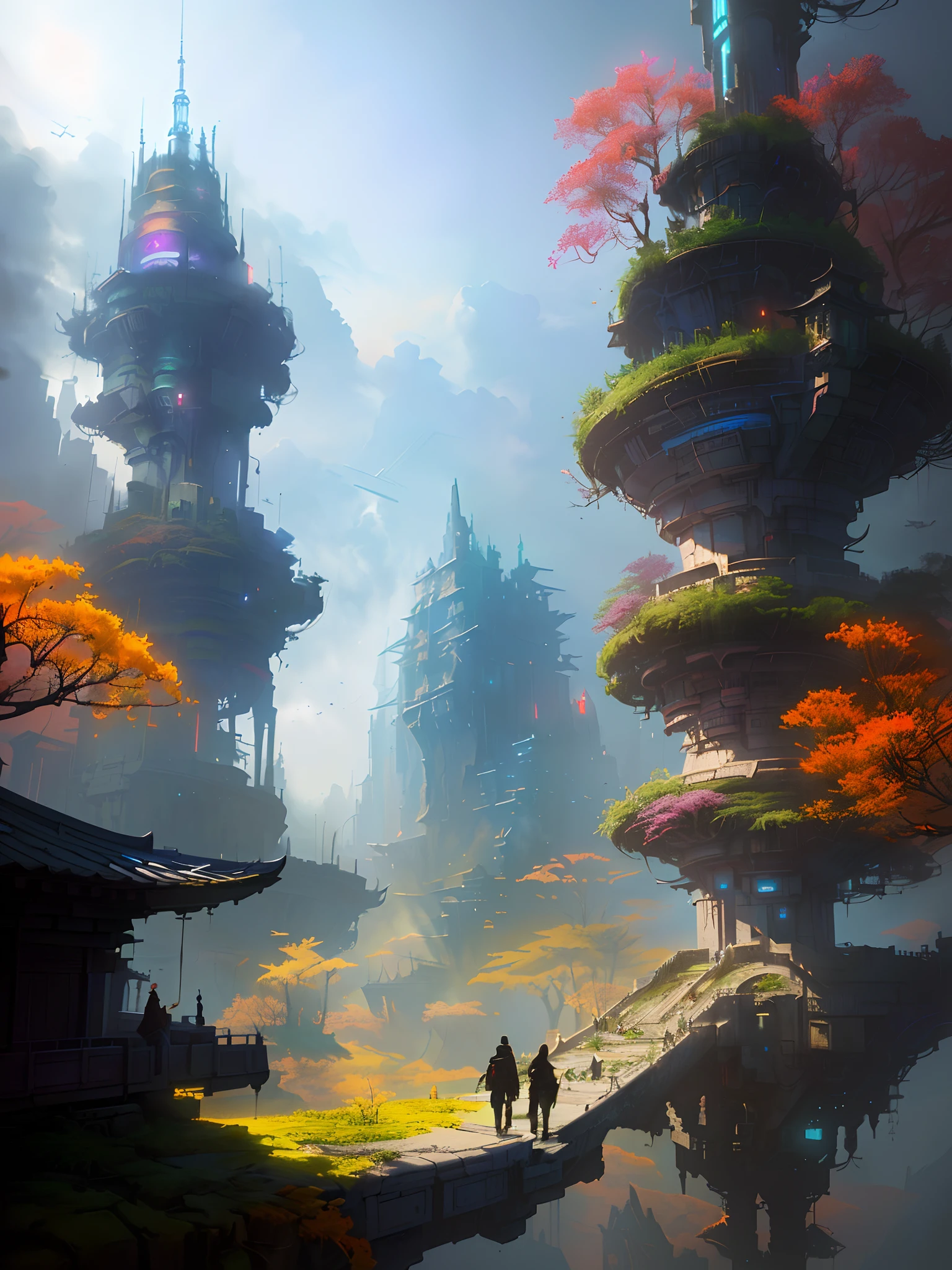 there are two people walking on a bridge in a fantasy world, paul lehr and beeple, inspired by Paul Lehr, cyberpunk chinese ancient castle, andreas rocha style, mystical sci-fi concept art, bastien grivet, cyberpunk in foliage, concept art wallpaper 4k, in fantasy sci - fi city, concept art | feng zhu,ultimate detailed picture,photorealistic,