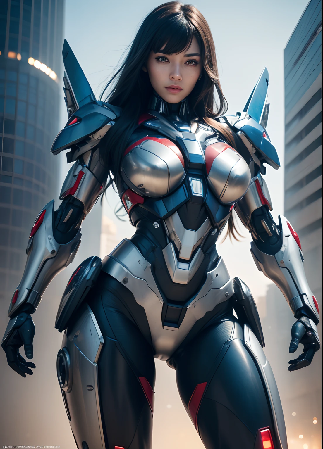 Textured skin, Super Detail, high details, High quality, Best Quality, hight resolution, 1080p, hard disk, Beautiful,(Superheroine),beautiful cyborg woman,Mecha Cyborg Girl,Battle Mode,Girl with a Mecha Body,She wears a futuristic Iron Patriot mech,Fulll body Shot