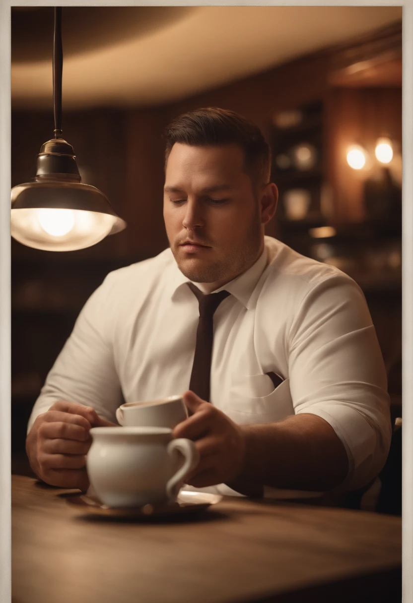 1 homme, A fat 30-year-old man wearing a white long-sleeved shirt and tie, drinking coffee, dim lighting, chef-d'work, beste-Qualit, 8k uhd, dslr, grain de film, Fujifilm XT3 photorealist painting art by midjourney and greg rutkowski
