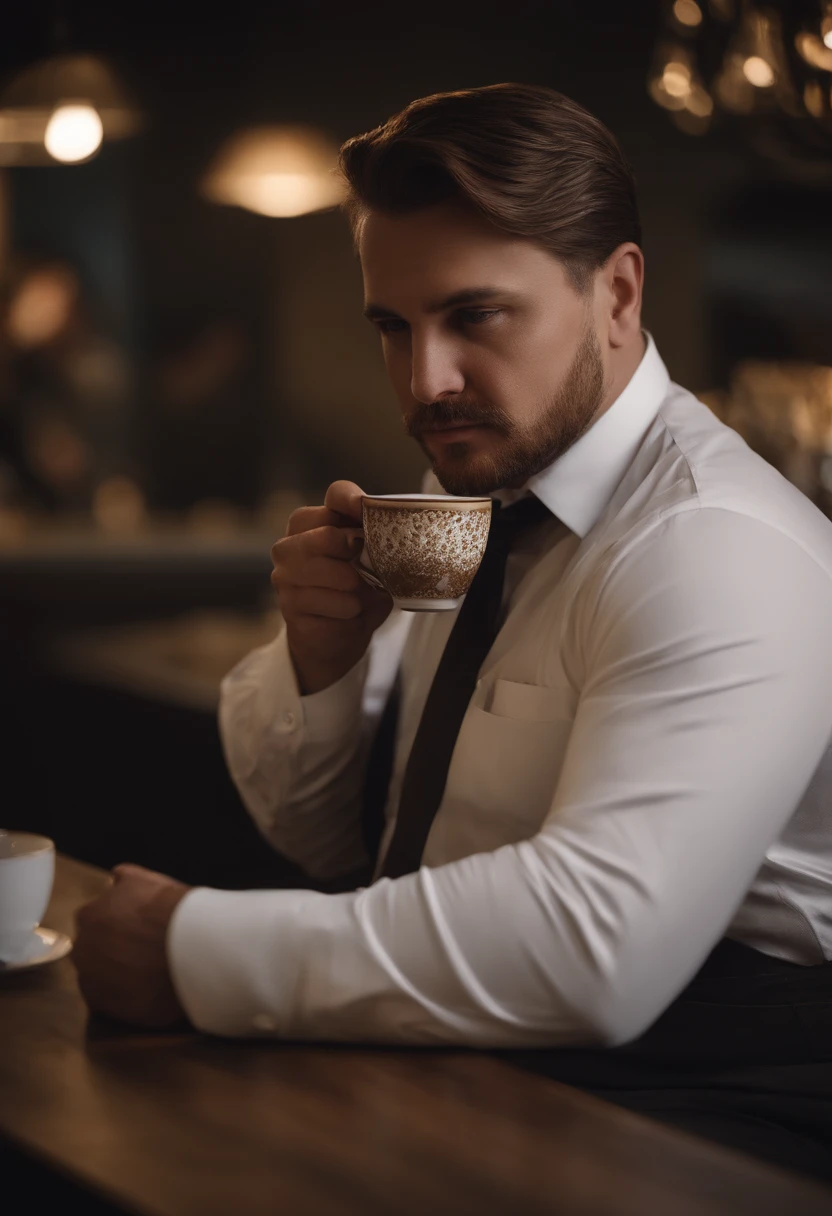 1 homme, A fat 30-year-old man wearing a white long-sleeved shirt and tie, drinking coffee, dim lighting, chef-d'work, beste-Qualit, 8k uhd, dslr, grain de film, Fujifilm XT3 photorealist painting art by midjourney and greg rutkowski