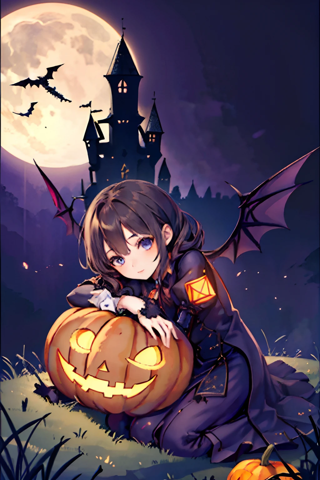 A girl in a castle, surrounded by pumpkins and bats, with wings. (best quality, 4k, highres, masterpiece:1.2), ultra-detailed, (realistic, photorealistic:1.37), HDR, UHD, studio lighting, extreme detail description, professional, vivid colors, bokeh, portraits, fantasy, gothic, dark, vibrant colors, mystical lighting