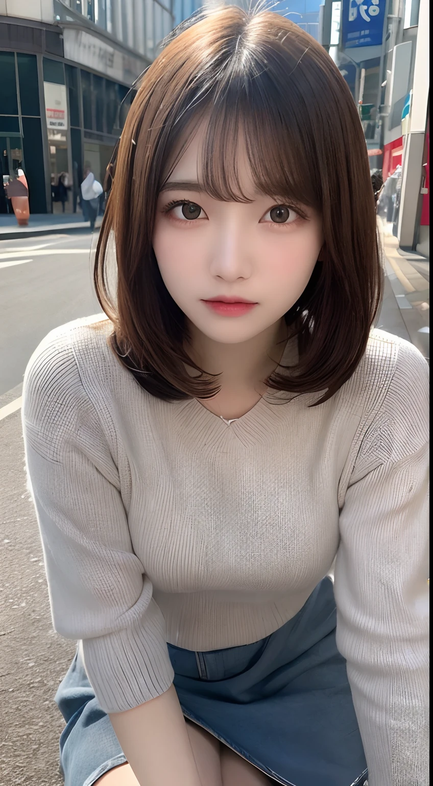 finely detail, hight resolution, hightquality、Perfect dynamic composition, Beautiful detailed eyes, Medium Hair, small tits、Natural Color Lip,Kamimei、Shibuya、20 years girl、1 persons、Transparent skin、Glowing hair、masutepiece, Best Quality, Illustration, Ultra-detailed, finely detail, hight resolution, 8K、The correct state of the human body、Crouch down、pretty pose,dishevled hair,beauty legs,Perfect beautiful face,KPOP Idol Face,Face that feels ecstasy,Pale Light Grey Long Sleeve Knit Dress(Check miniskirt),Background blur,Do Guts Pose