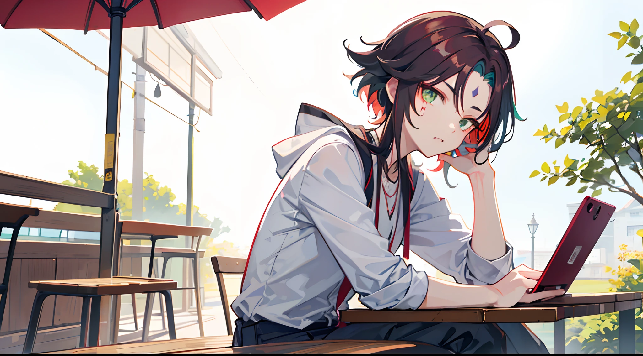 Xiao (genshin impact), 1 boy, animal fangs bones necklace, arm tatoo, dark red hair, multicolor hair, green eyes, red mark on forehead, red shirt, on phone, confused, impotent, sighed, sigh, calling phone, grey pants, normal outfit, home outfit, outside, in stress, sitting on white chair, circle table, under the big umbrella, outside cafe shop, shine, bright, closer, closeup, close face to camra
