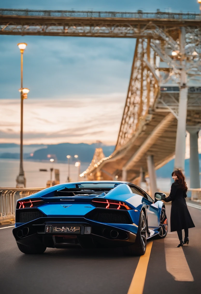 Against the backdrop of the Akashi Kaikyo Bridge, Lamborghini and Nozomi Honda are smiling