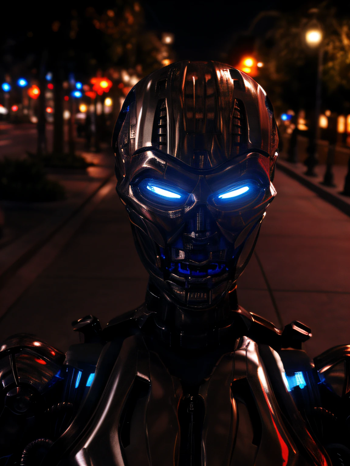 ultra realistic, very high quality, night time, realistic lighting, (los angeles city street1.2, photorealistic environment:1.0), (endoskeleton:1.2), T-X, chrome endo, deep focus, sharp details, add details, photorealistic, ultra HD, 8K