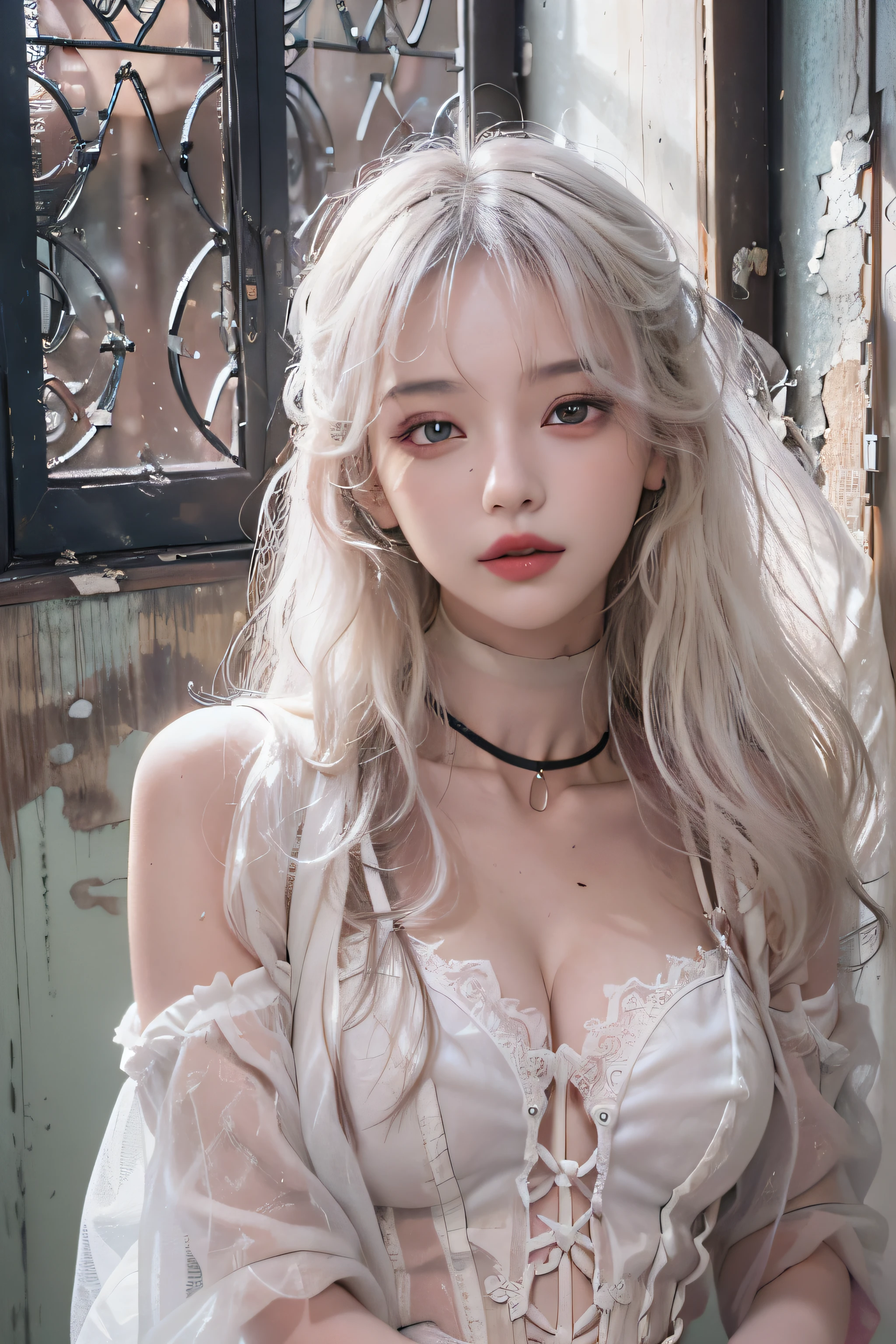 (a closeup)、((1girl in))、(in her 20s)、((Long))、((Pattsun bangs))、((white hair))、(looking at view)、(a smile)、((Black see-through dress))、(corsets)、(Photoreal Stick:1.2)、in 8K、(High quality shadows)、Detail Beautiful delicate face、Detail Beautiful delicate eyes、Cute K-pop Idol、(Korean Urzan Face)、(ulzzang -6500-v1.1:0.6)、gloweyes、perfectbody、Natural color reproduction、Bright red lipstick、(a choker)、((Eyes reddish-brown))、Shiny hair、Description beautiful delicate hair、(Lustrous skin)、(电影灯光)、Corridor of an abandoned house with large windows、Crumbled concrete、Light shining through the cracks、