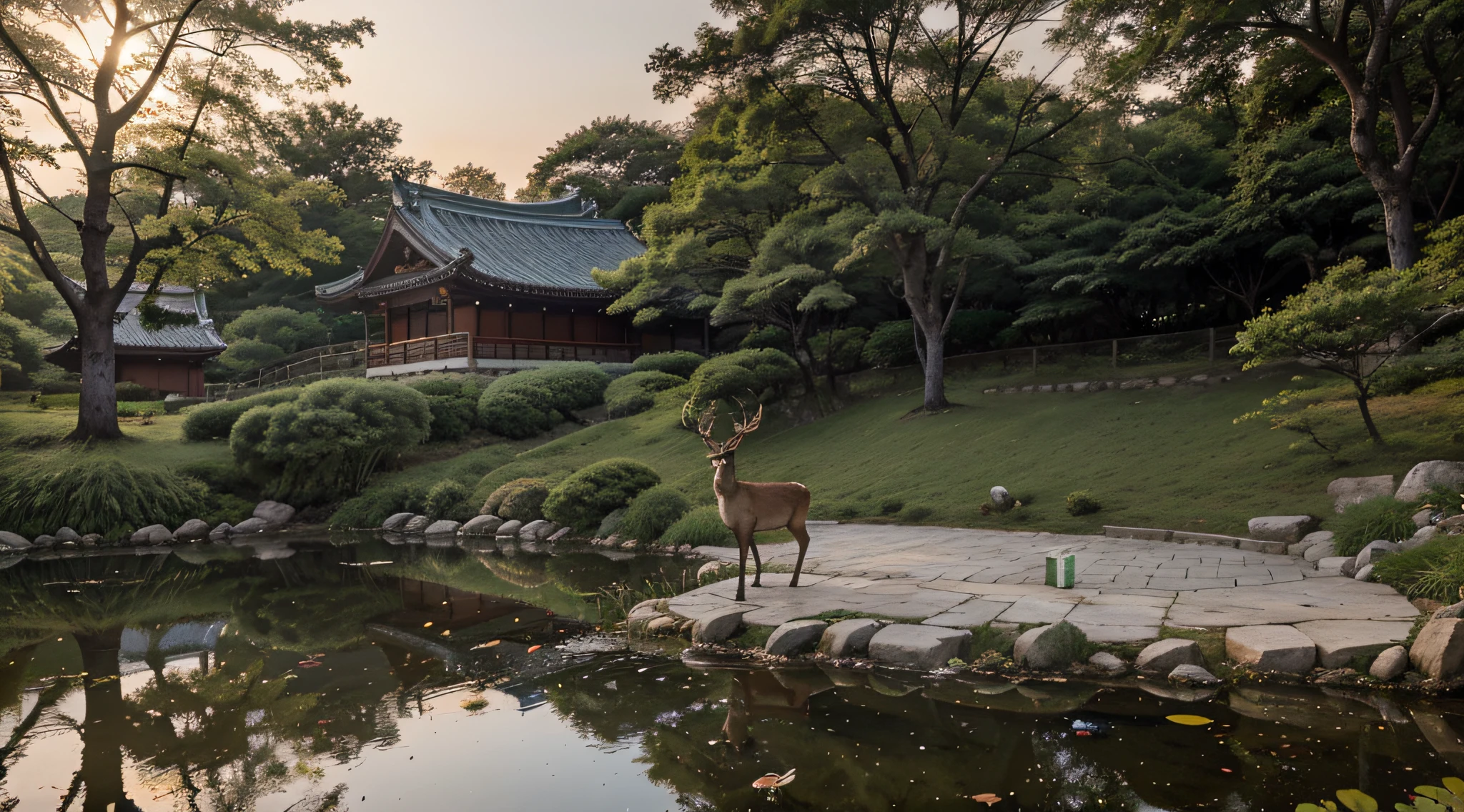 Dawn Scenery, In the dense forests of Korea, Small pond, A deer comes to the pond to drink water, A small hanok built behind a pond, In front of the hanok, smoke rises from a dying bonfire. Unrealistic, Dreamy