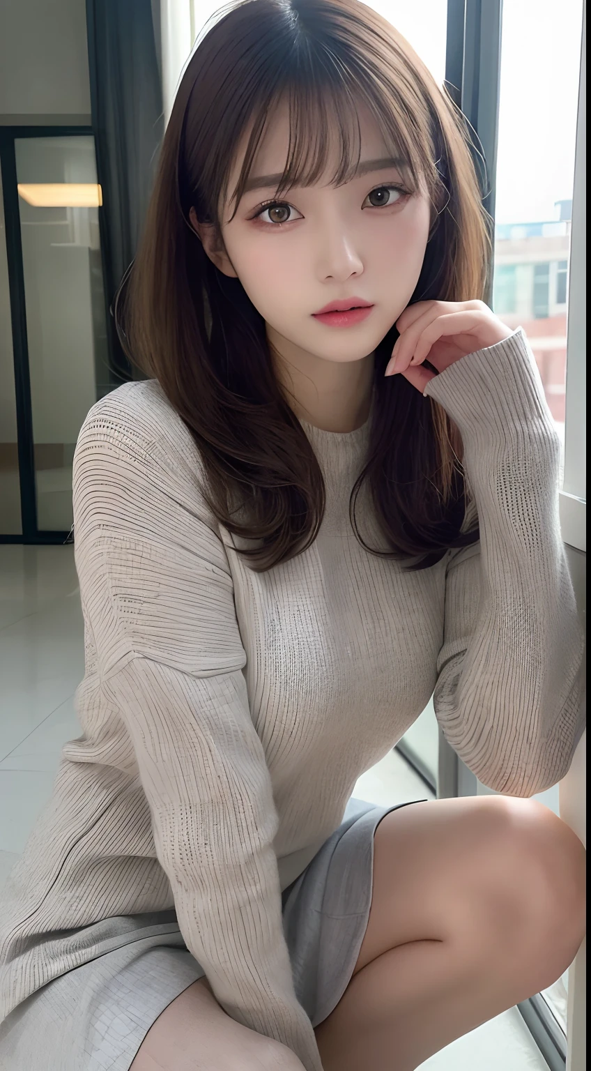 finely detail, hight resolution, hightquality、Perfect dynamic composition, Beautiful detailed eyes, Medium Hair, small tits、Natural Color Lip,Kamimei、Shibuya、20 years girl、1 persons、Transparent skin、Glowing hair、masutepiece, Best Quality, Illustration, Ultra-detailed, finely detail, hight resolution, 8K、The correct state of the human body、Crouch down、pretty pose,dishevled hair,beauty legs,Perfect beautiful face,KPOP Idol Face,Face that feels ecstasy,Pale light grey long sleeve knit dress(Check miniskirt),Background blur,Do Guts Pose,Raw photo