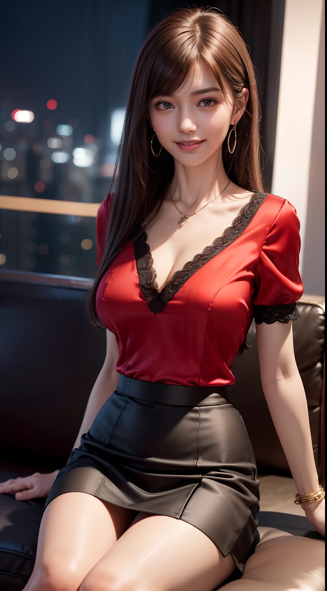 gigantic cleavage breasts:0.7，Red shirt，Red suit，Black hip skirt，black micro skirt，A-line skirt，She wears black pantyhose on her legs，high-heels，Wearing glasses，Recline on the sofa，The beauty of mixed races，Very white skin，lips in red，Pure and cute appearance，face round，being thin，Very skinny，The legs are thin，Smooth skin，The face is a little rosy，Lips slightly open，Diamond stud earrings，Black lace collar，Smooth fair skin，Flawless skin，white glowing skin