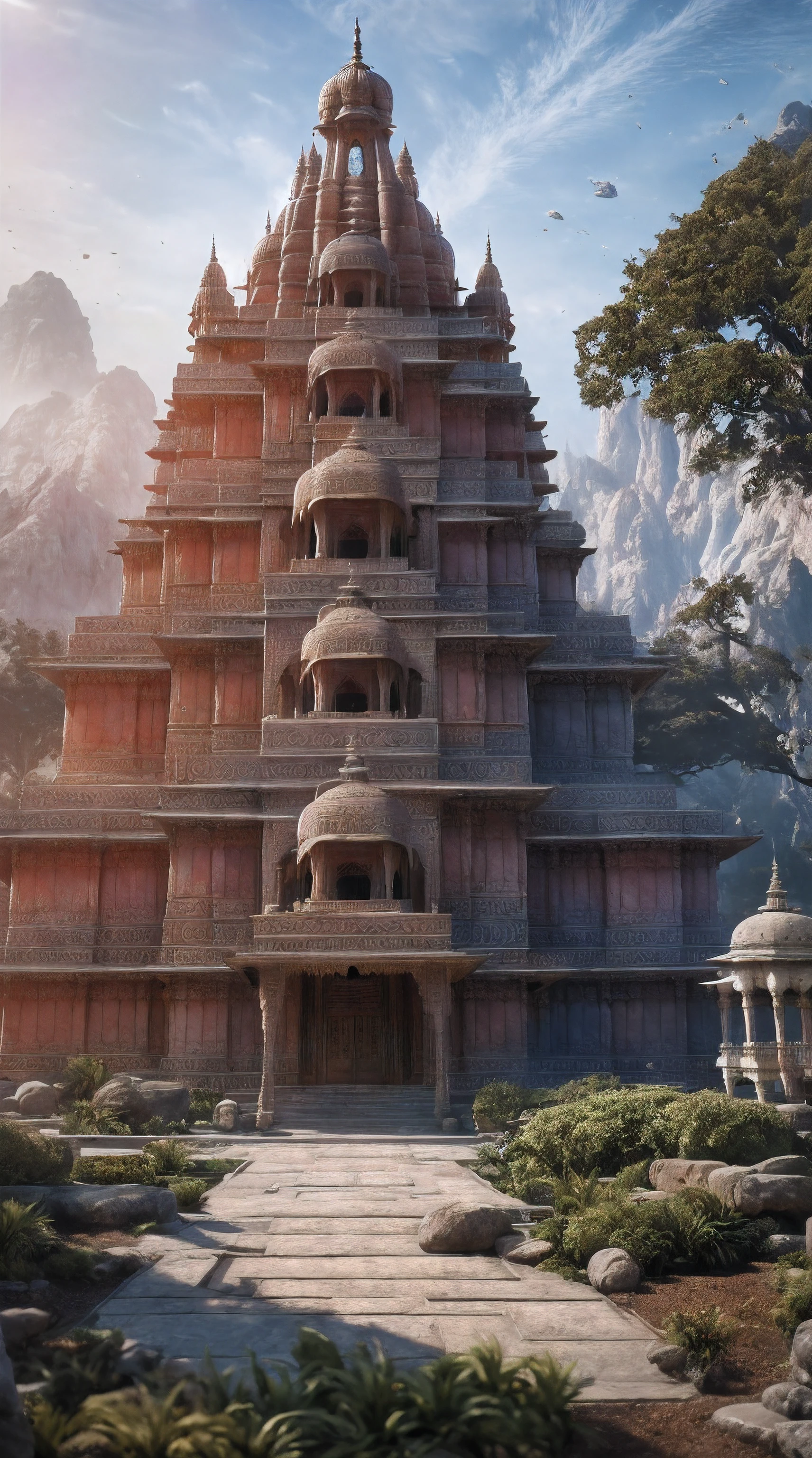 ! 3D render, Depth of Field, Epic realistic textures, Highly detailed Indian temples , express, abstract, ultra-detail, Dynamic lighting, Concept Art, Leading lines, rule of thirds, HDR, 10, unreal engine 5, octanerender, trending on artstation, Inspired by Walt Disney