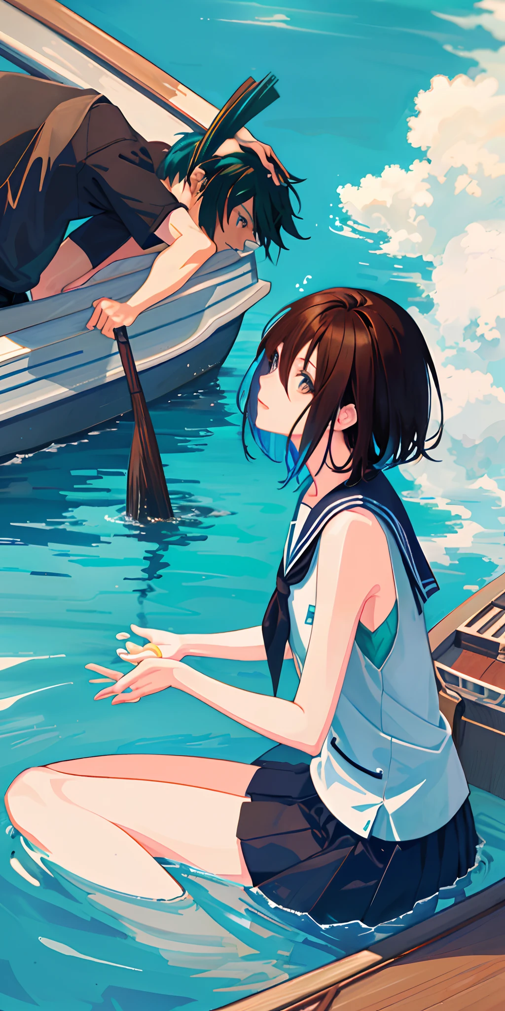 Kodama Naoko's art style has vibrant colors. Dark-skinned anime girl with teal hair passionately kissing a white anime guy with brown hair, on a boat on top of still waters. Interracial couple, romantic scenery